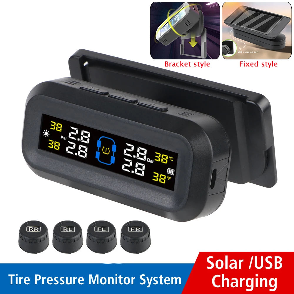 Tire Pressure Monitoring System Temperature Warning Fuel Save Solar With 4 External Sensors
