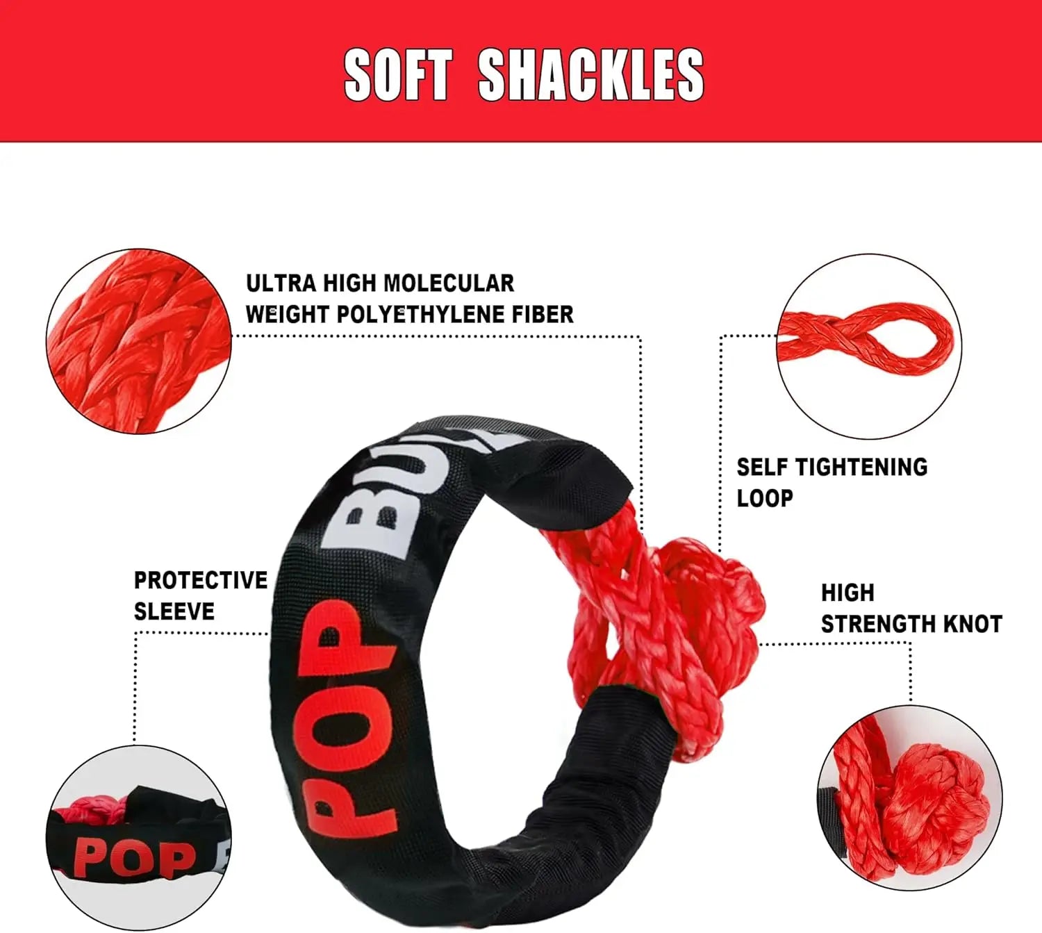 Heavy Duty 1in x 30ft Kinetic Recovery Rope, 48000lbs Snatch Strap with Soft Shackles