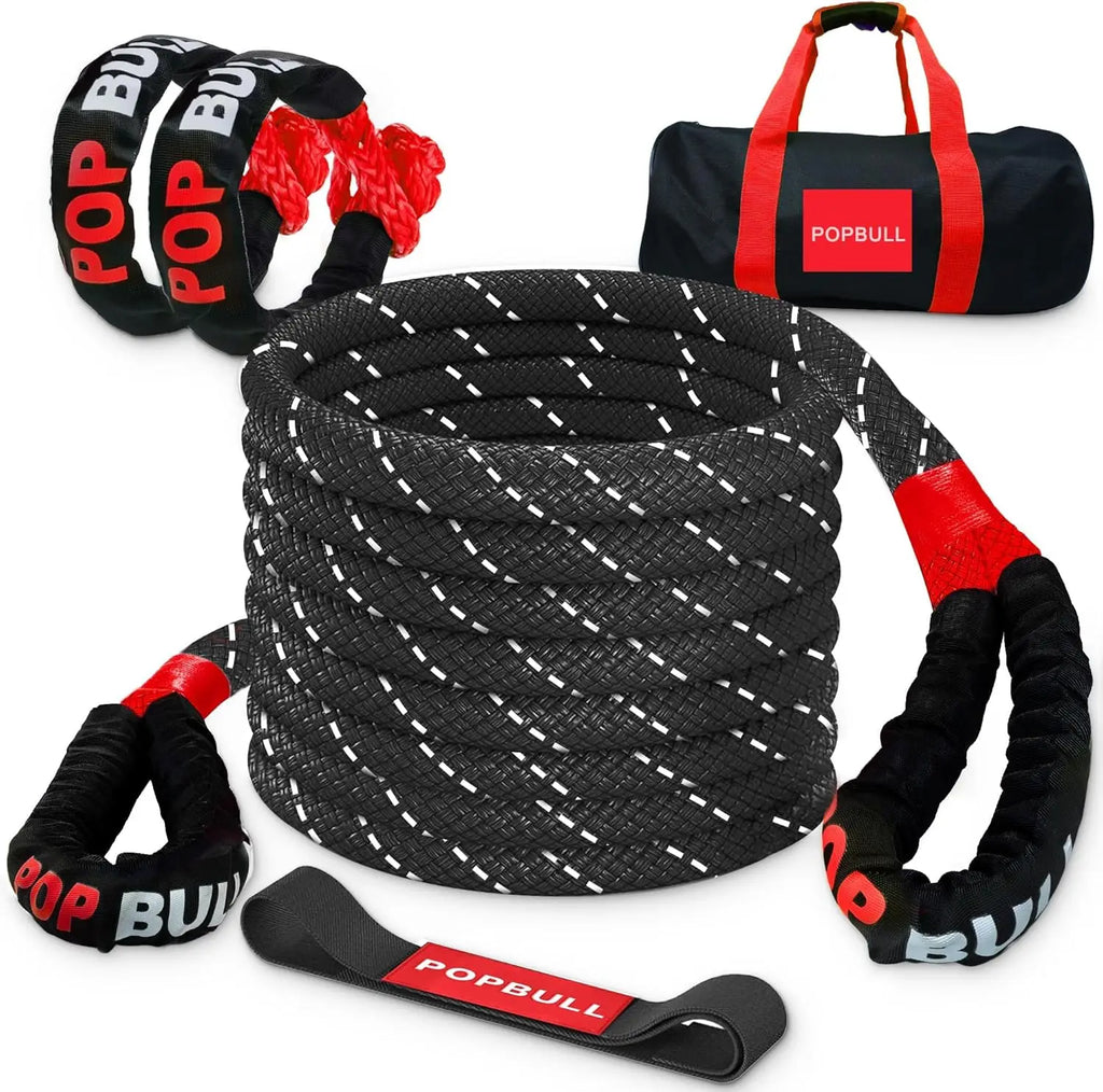 Heavy Duty 1in x 30ft Kinetic Recovery Rope, 48000lbs Snatch Strap with Soft Shackles