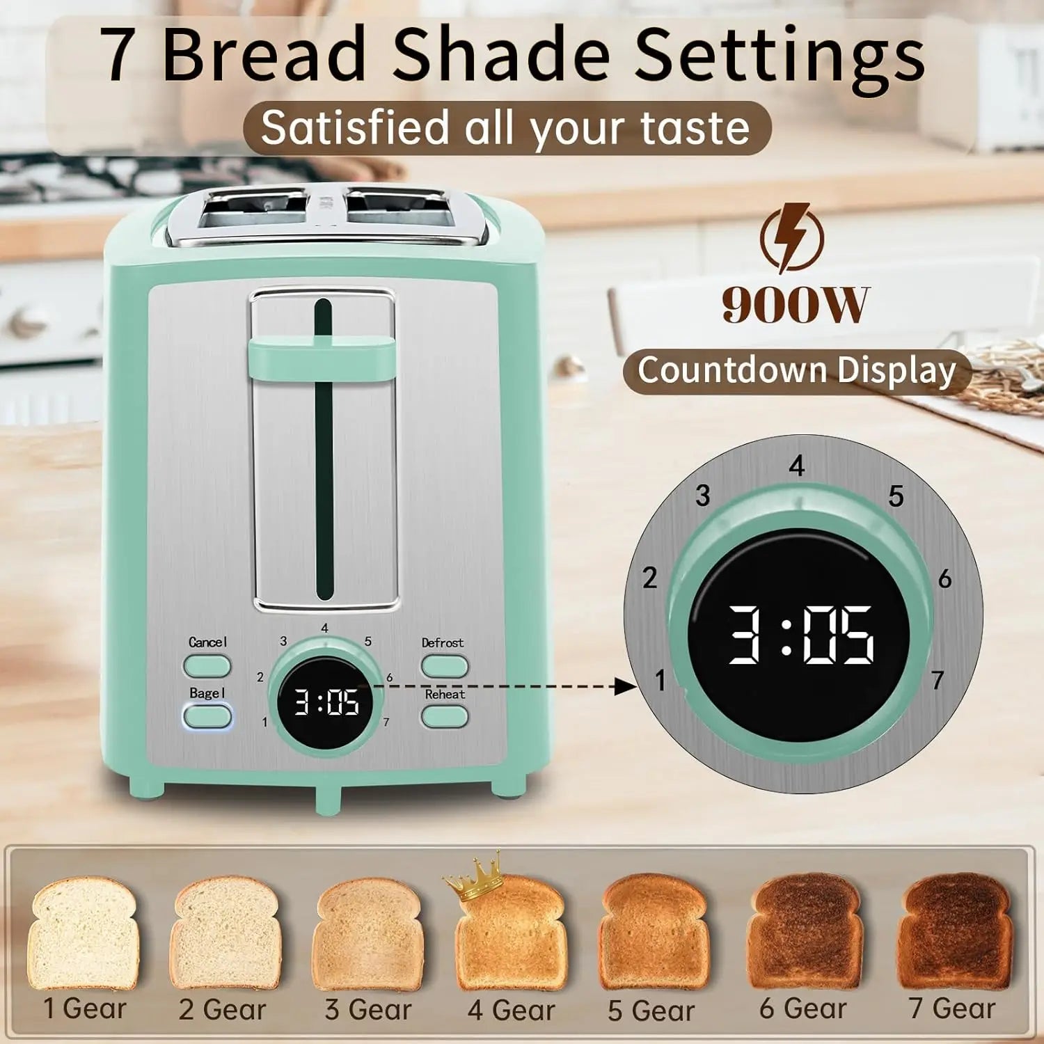 2 Slice Bread Toaster with LCD Display, 7 Shade Settings,