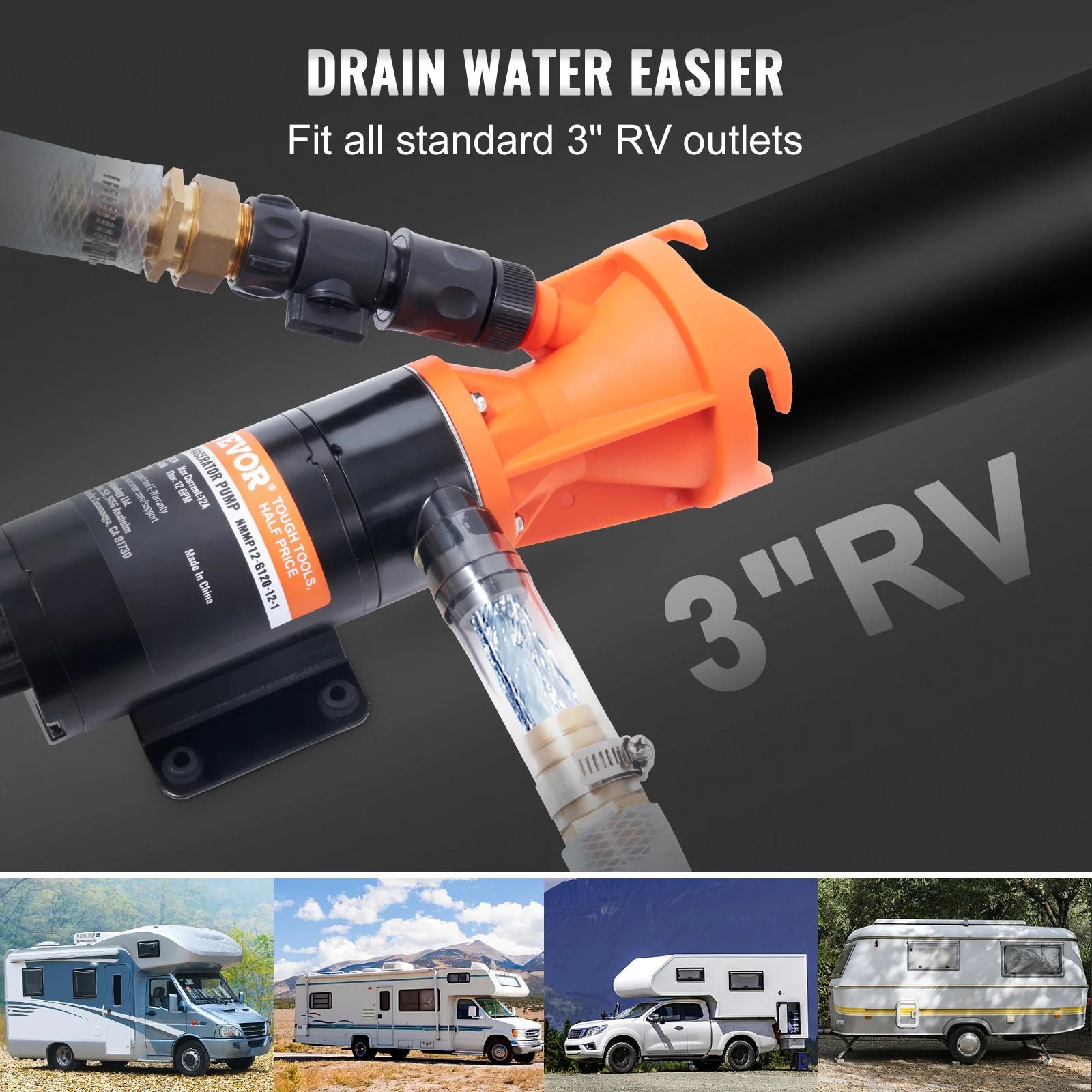 RV Portable Macerator Pump 12V 12GMP Detachable Quick Connection Valve Metal Hose Clamp Power Cord