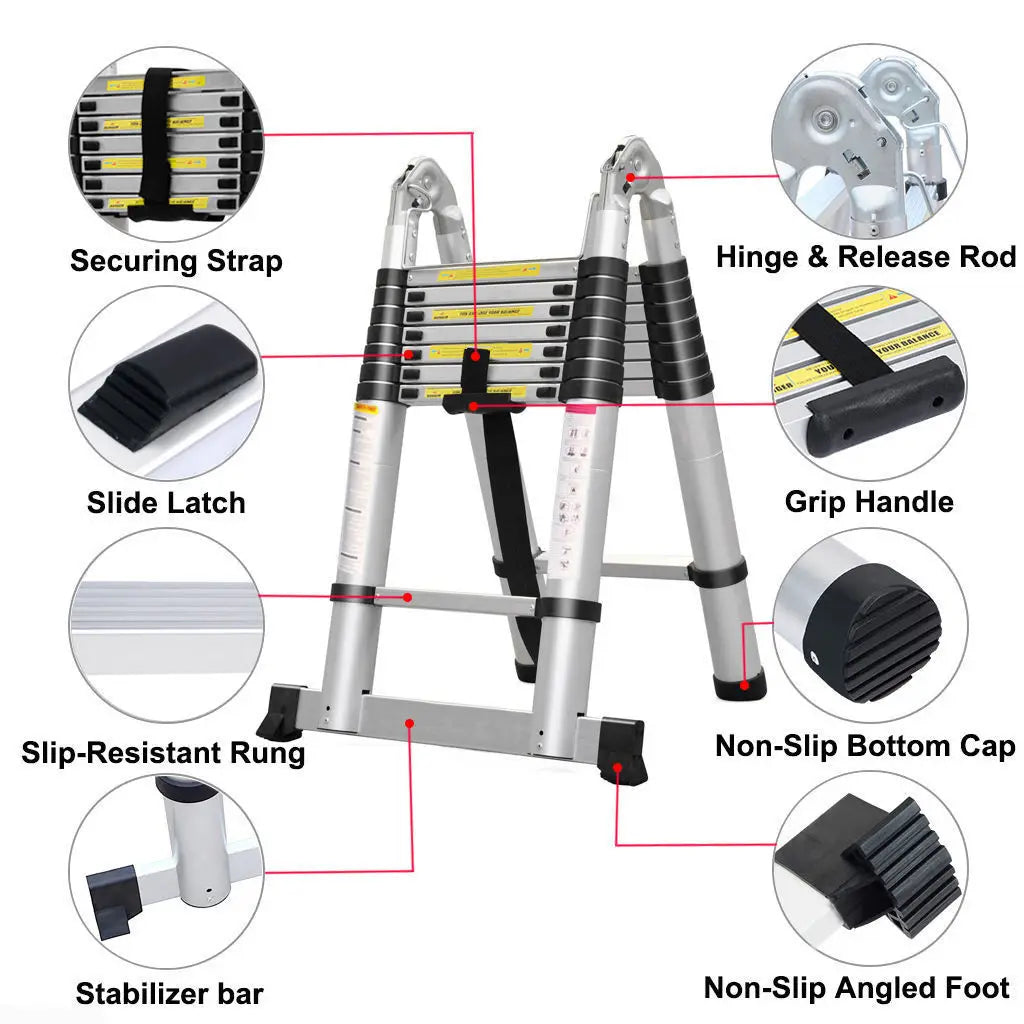 2.6M-5M Sturdy Aluminum Telescoping Extension Ladder 330lb Max Load