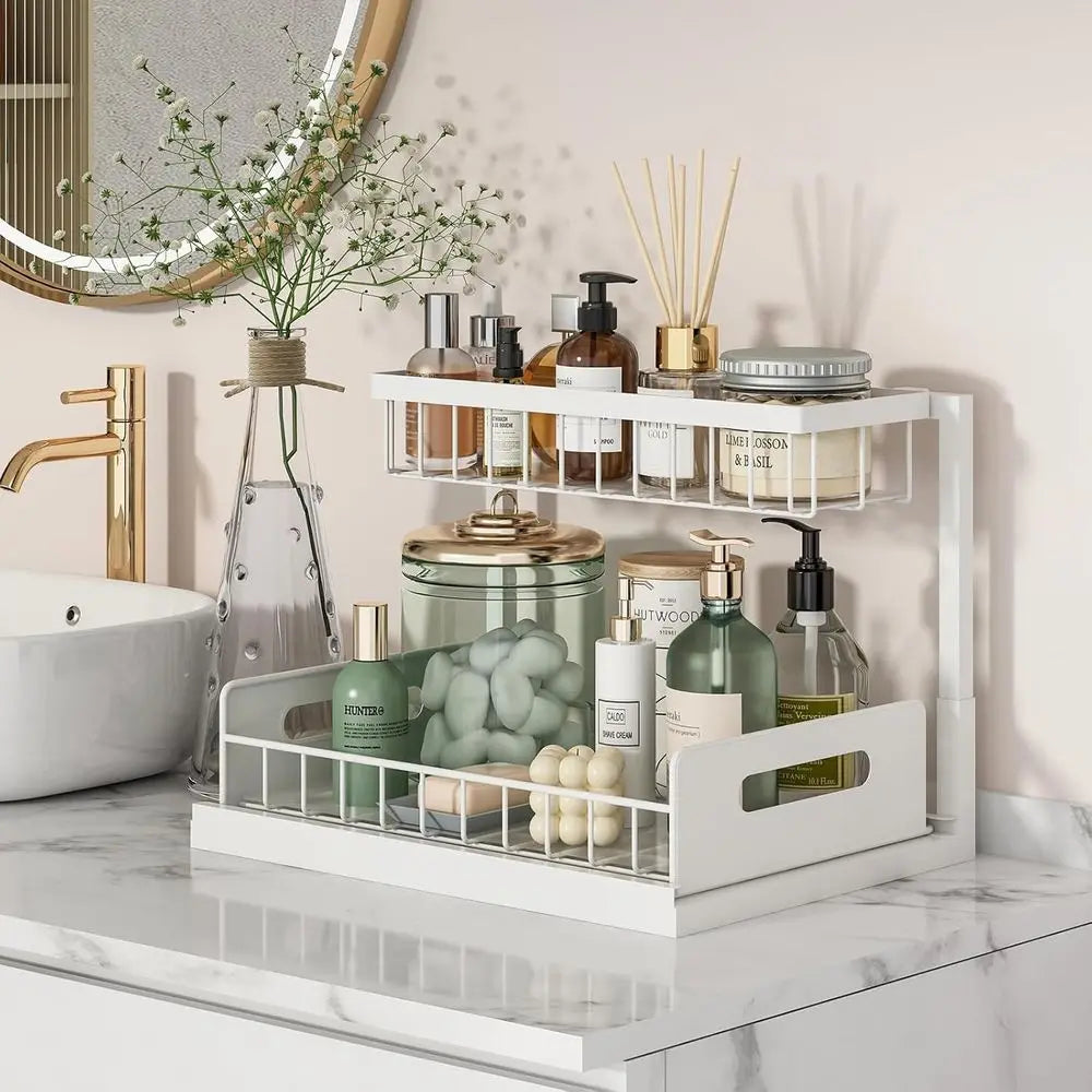 2 Tier Slide Out Sink Shelf Cabinet Storage Shelves,