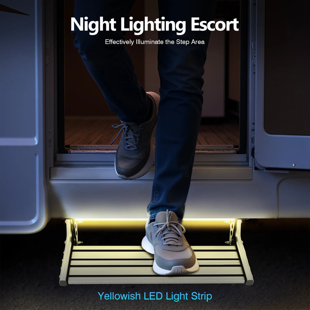 Folding RV Step, 44cm Manual RV Step with LED Light, Loading 150kg