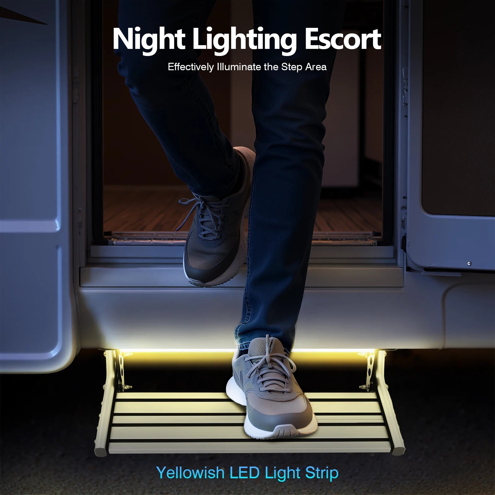 Folding RV Step, 44cm Manual RV Step with LED Light, Loading 150kg