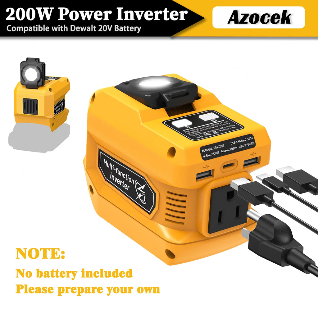 200W Portable Power Inverter Compatible with Dewalt 20V Battery, 20V to AC 110V, with 4 Output&300LM LED,