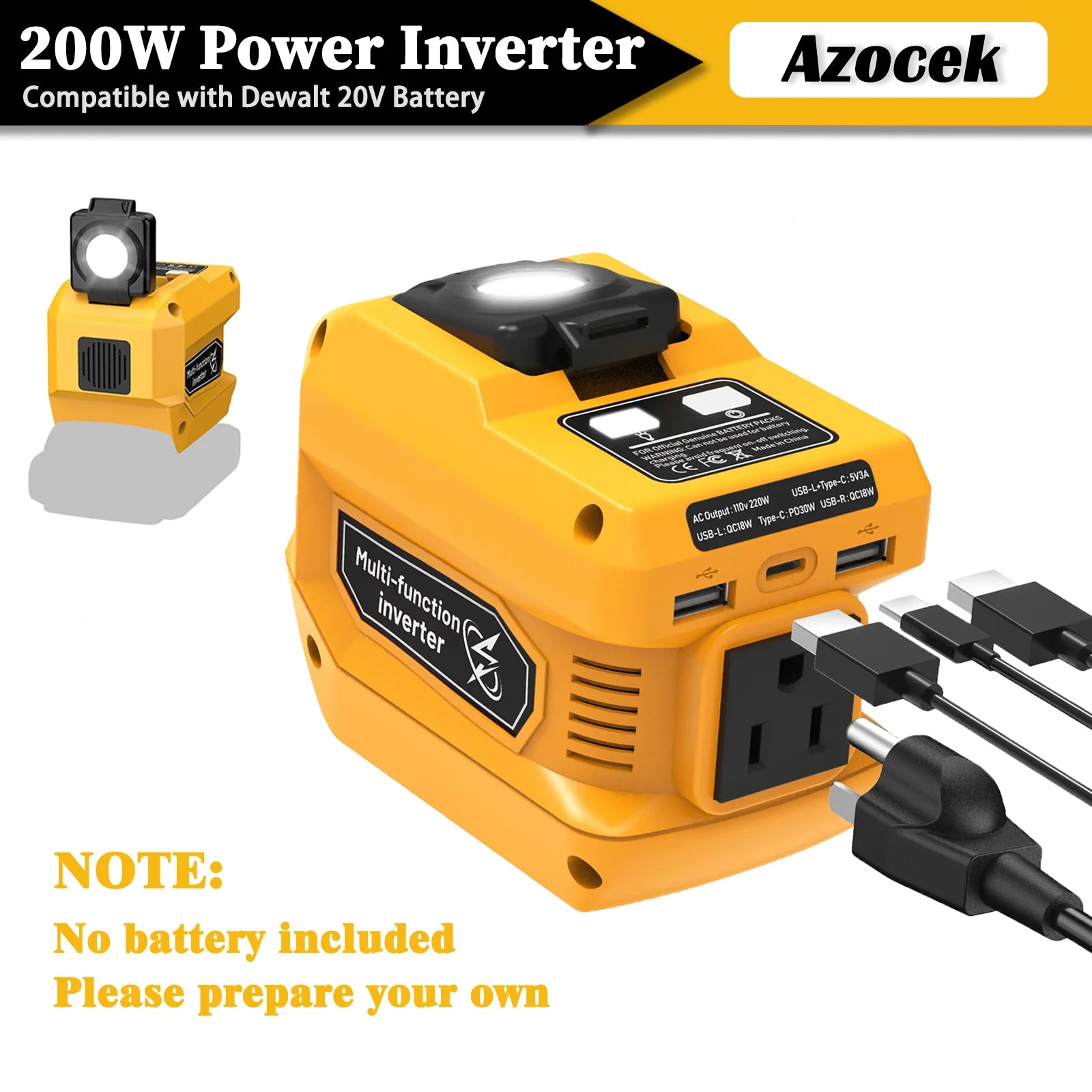 200W Portable Power Inverter Compatible with Dewalt 20V Battery, 20V to AC 110V, with 4 Output&300LM LED,