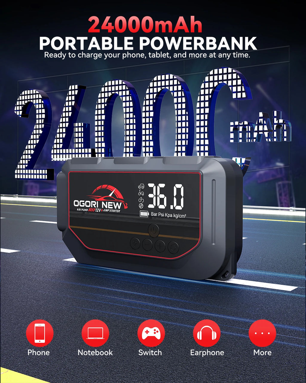 Power Bank Portable 150PSI Air Pump Car Battery Emergency Boosters 12V Starting Device