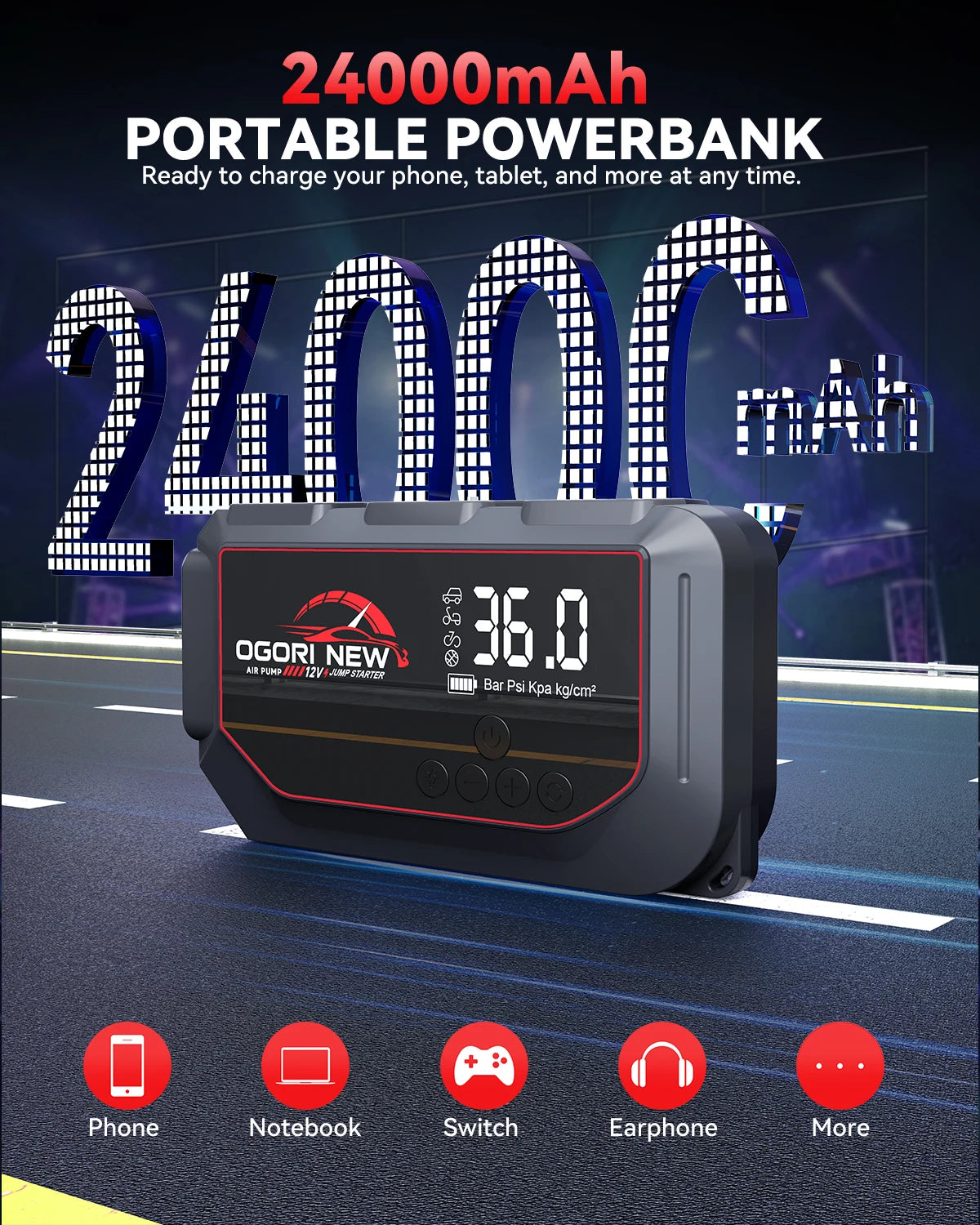 Power Bank Portable 150PSI Air Pump Car Battery Emergency Boosters 12V Starting Device