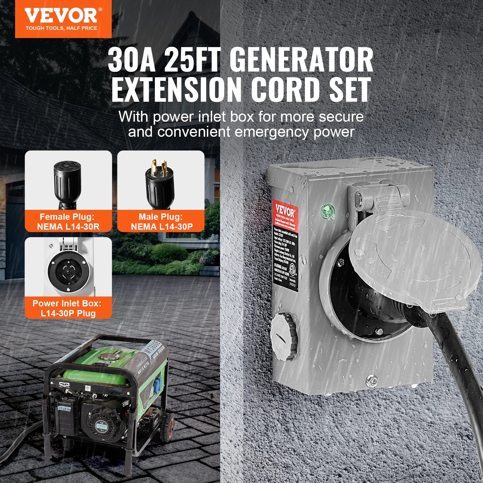 30 Amp Generator Cord and Power Inlet Box Kit  with Lock