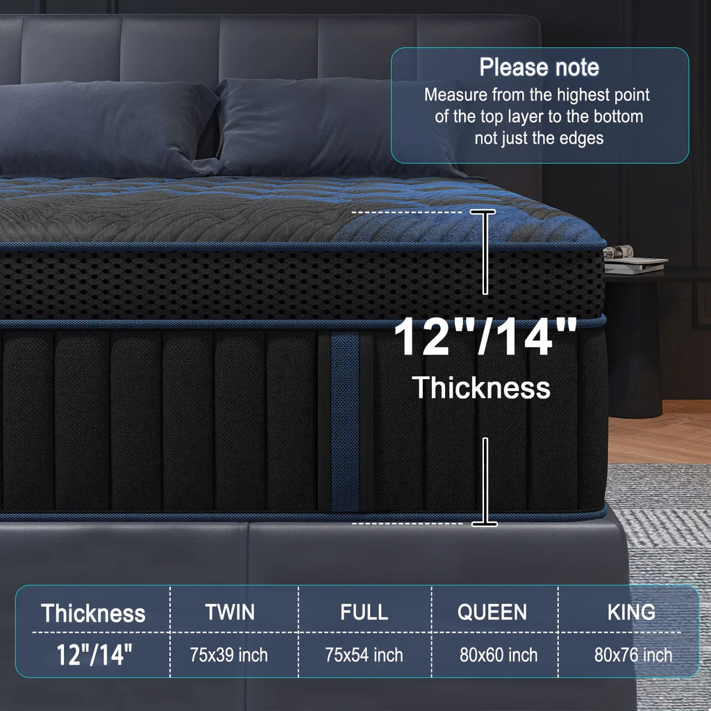 12"Gel Memory Foam Hybrid Pocket Spring Mattress Twin Full Queen King Bed Mattress In A Box, Medium Firm Motion Isolation
