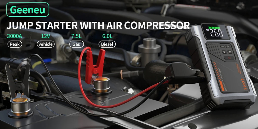 Portable Car Jump Starter With Air Compressor, 3000A Peak(7.5L Gas, 6.5L Diesel)
