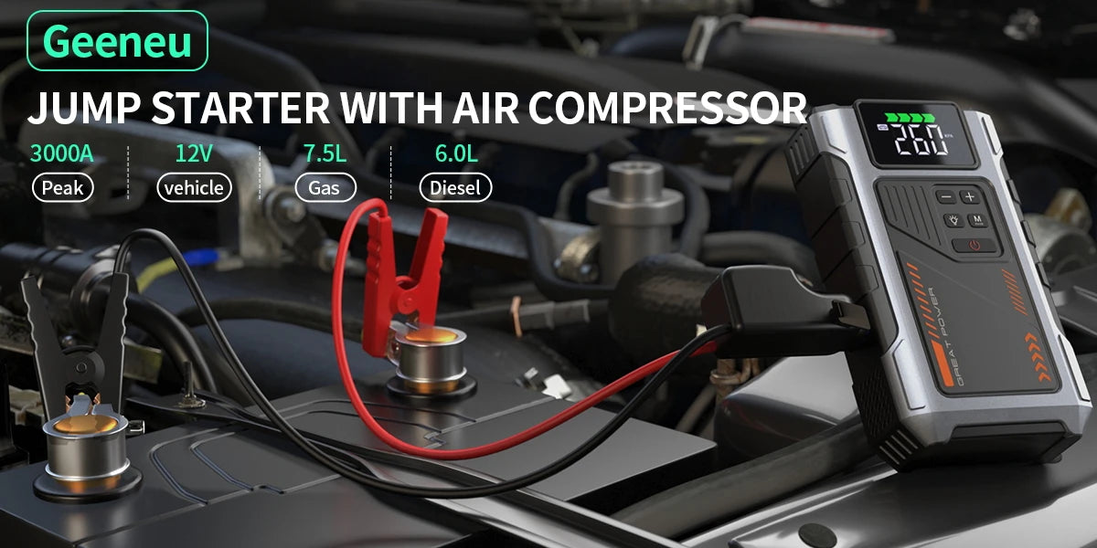 Portable Car Jump Starter With Air Compressor, 3000A Peak(7.5L Gas, 6.5L Diesel)