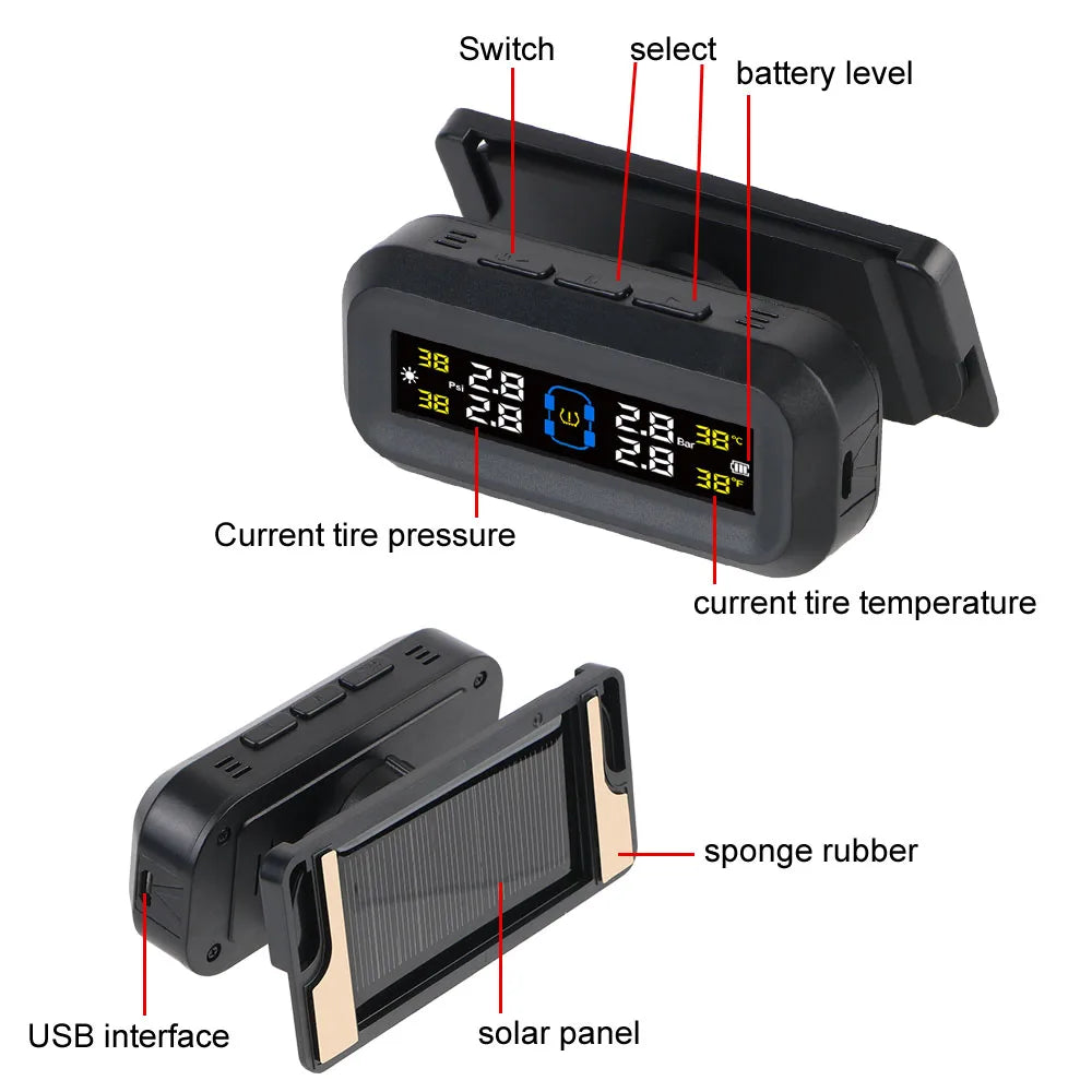 Tire Pressure Monitoring System Temperature Warning Fuel Save Solar With 4 External Sensors
