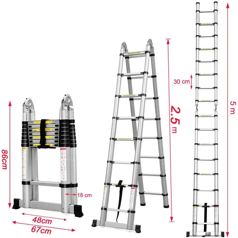 2.6M-5M Sturdy Aluminum Telescoping Extension Ladder 330lb Max Load