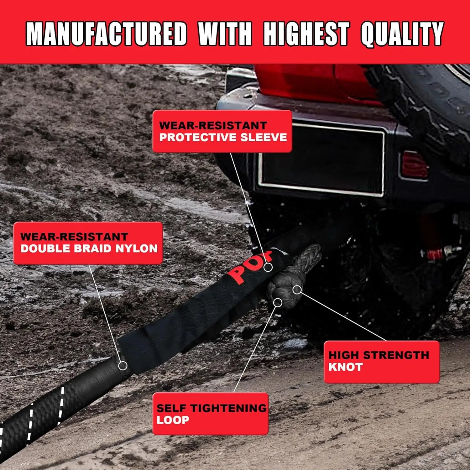 Heavy Duty 1in x 30ft Kinetic Recovery Rope, 48000lbs Snatch Strap with Soft Shackles