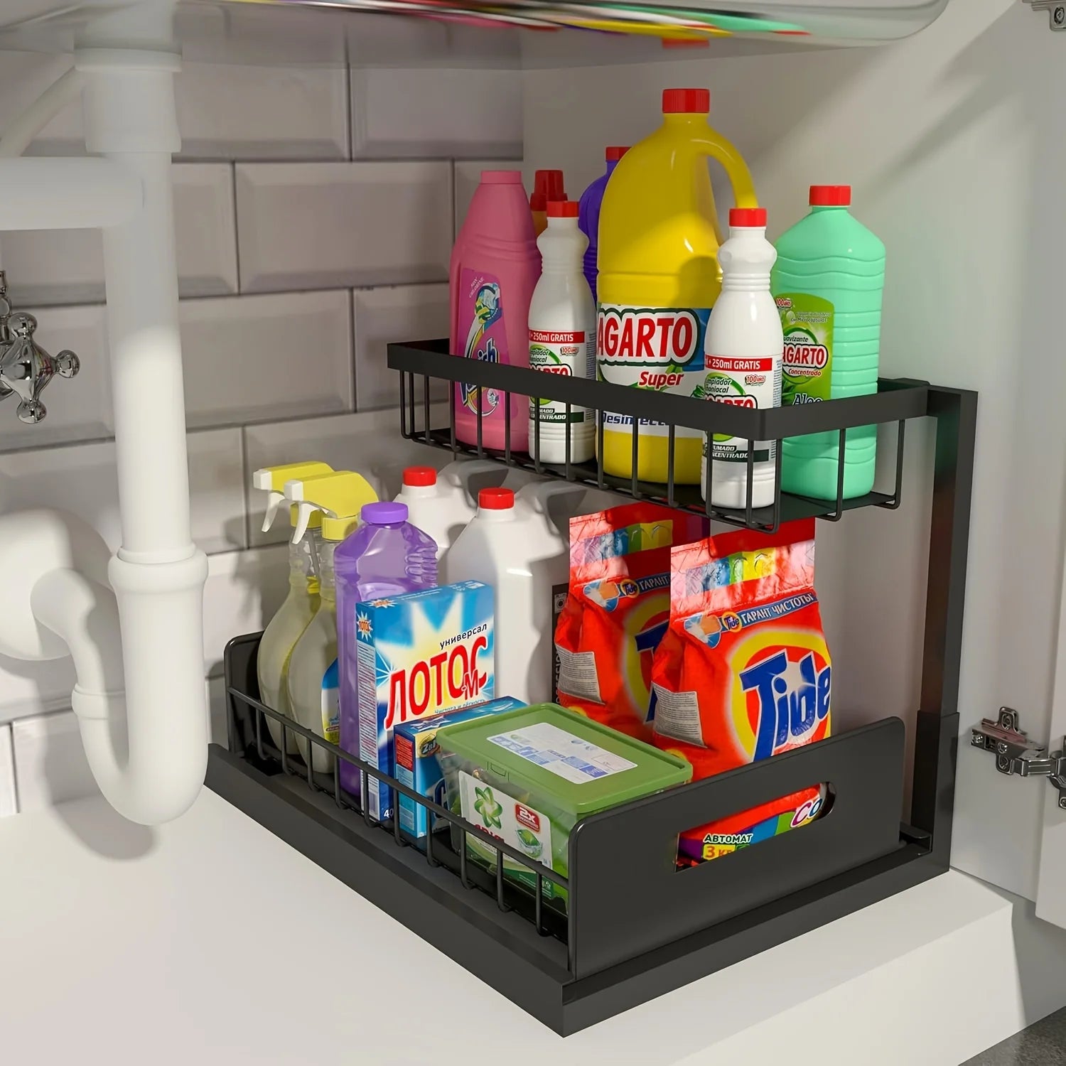 2 Tier Slide Out Sink Shelf Cabinet Storage Shelves