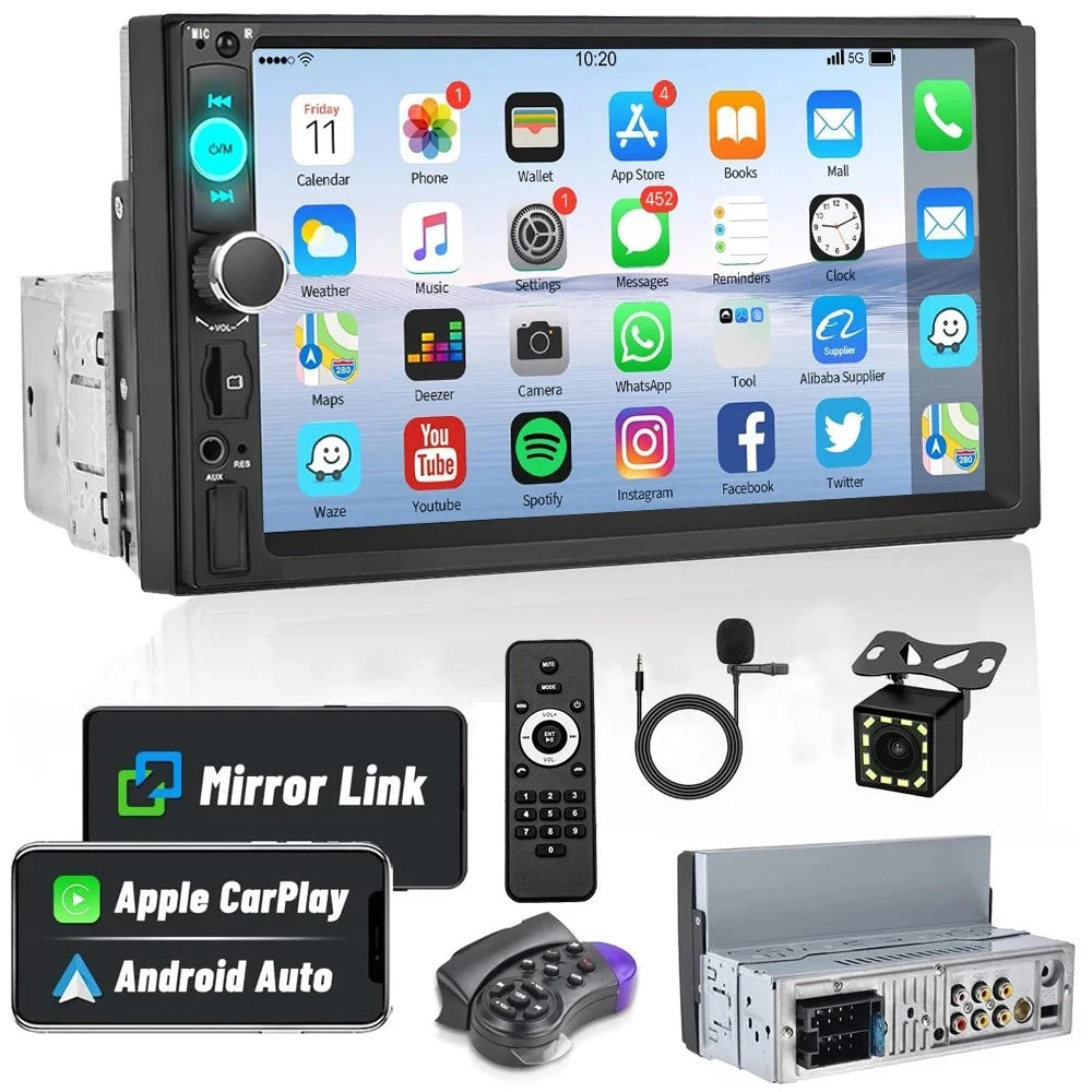 7inch Quality Single 10" Touch Screen Car Stereo Radio With Handle Remote Control Camera For Apple/Android CarPlay Bluetooth