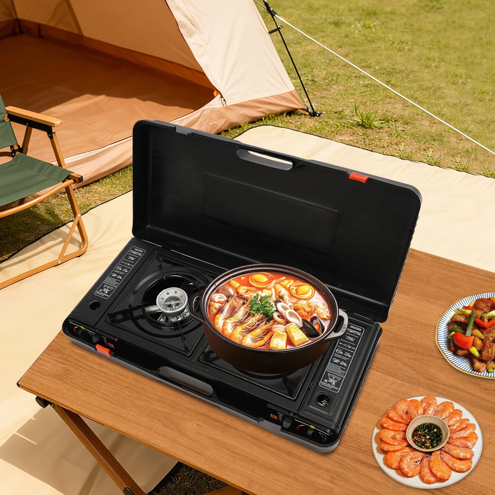 2 Burners Portable Camping Stove, 2.5KW Auto Ignition Butane/LPG Gas Stove w/Baking Tray