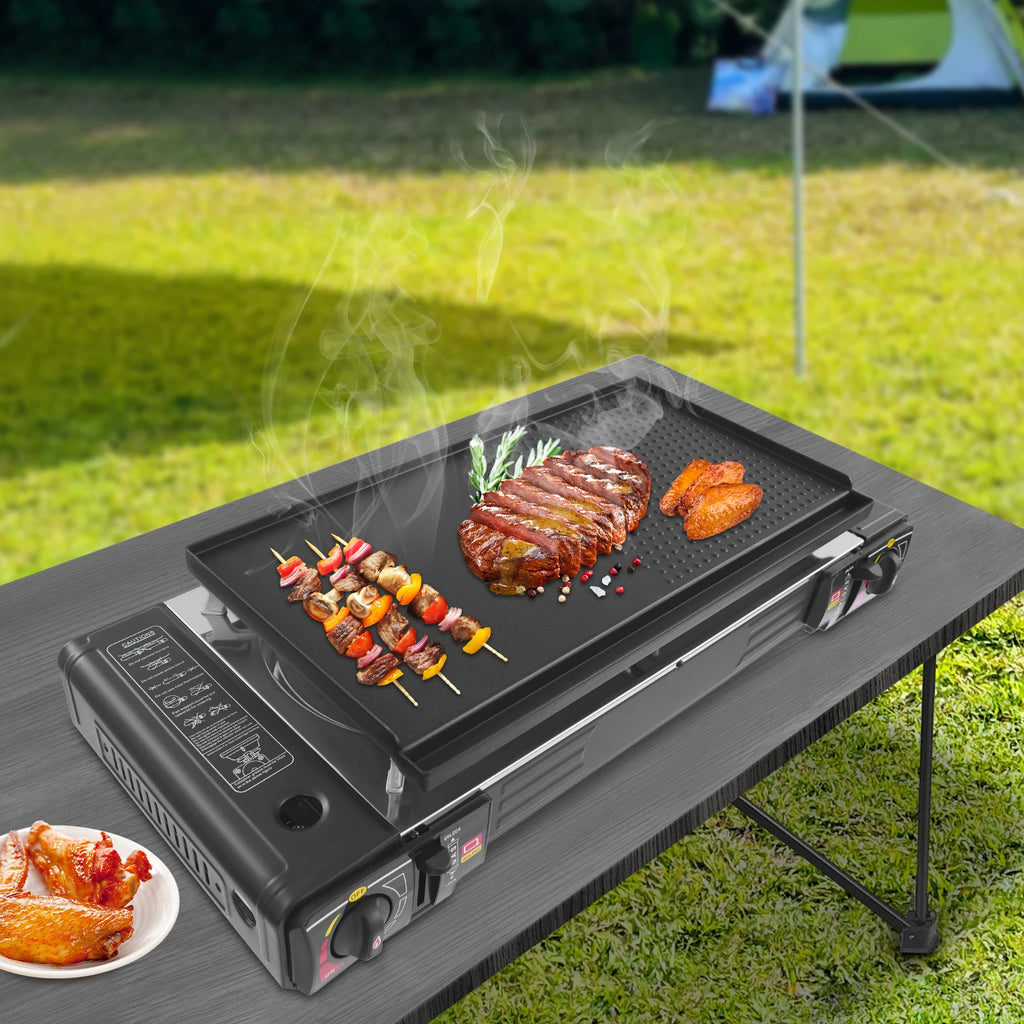 2-Burner Camping Gas Stove with Grill Pan BBQ Grills Butane Regulator