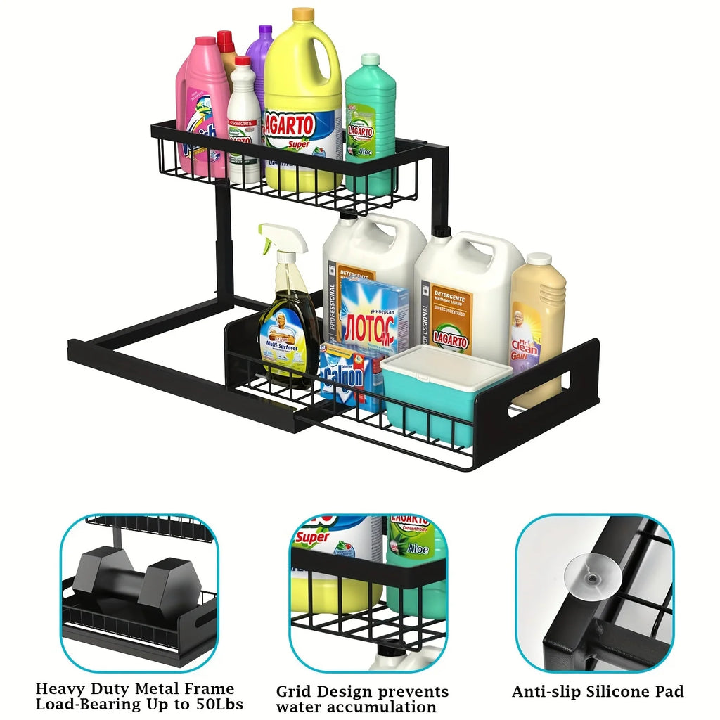 2 Tier Slide Out Sink Shelf Cabinet Storage Shelves