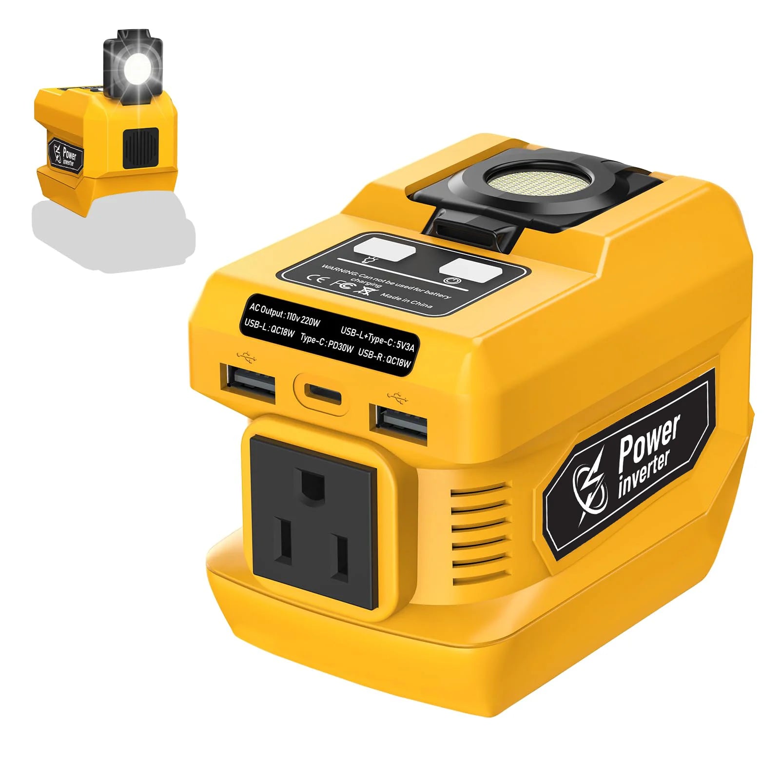 200W Portable Power Inverter Compatible with Dewalt 20V Battery, 20V to AC 110V, with 4 Output&300LM LED,