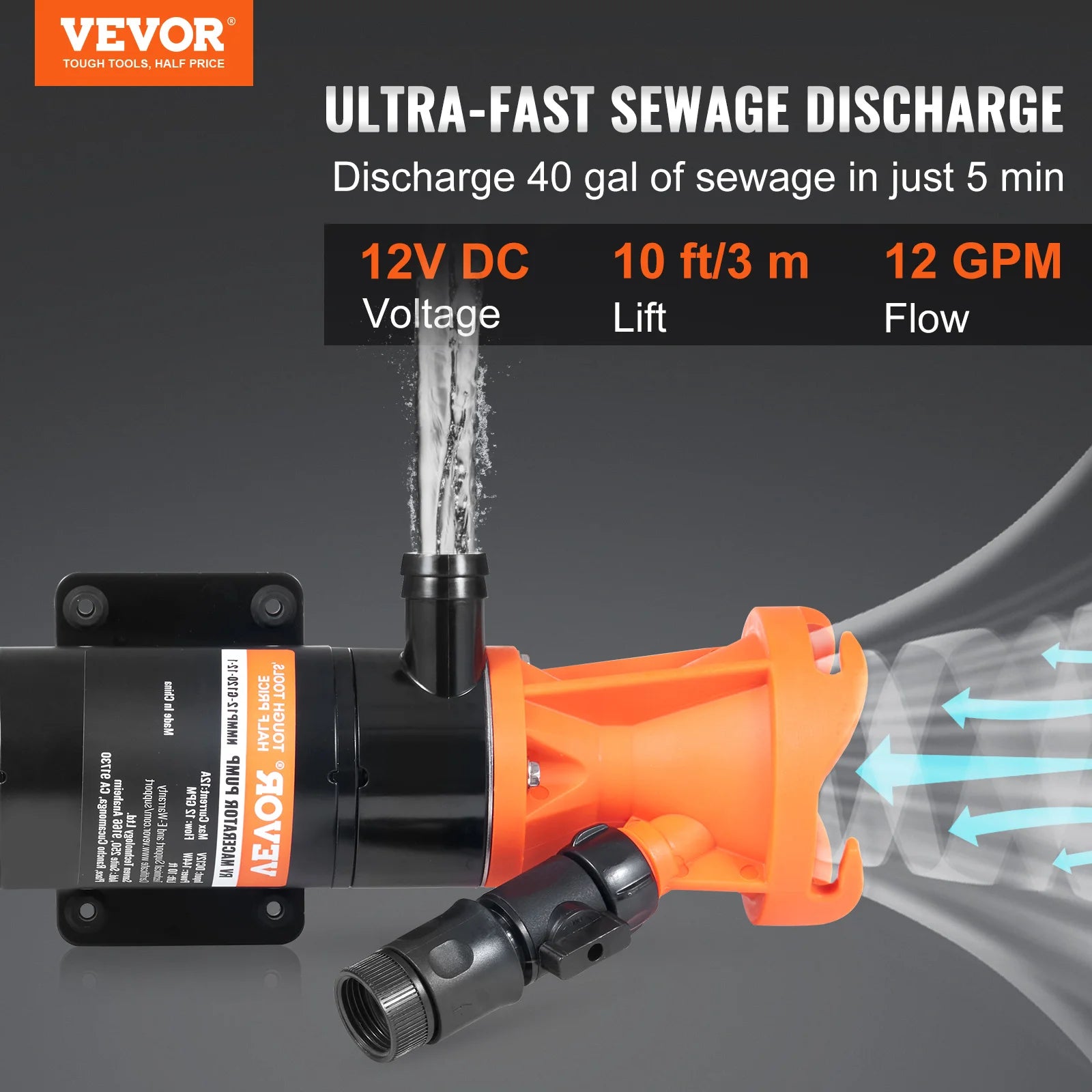 RV Portable Macerator Pump 12V 12GMP Detachable Quick Connection Valve Metal Hose Clamp Power Cord