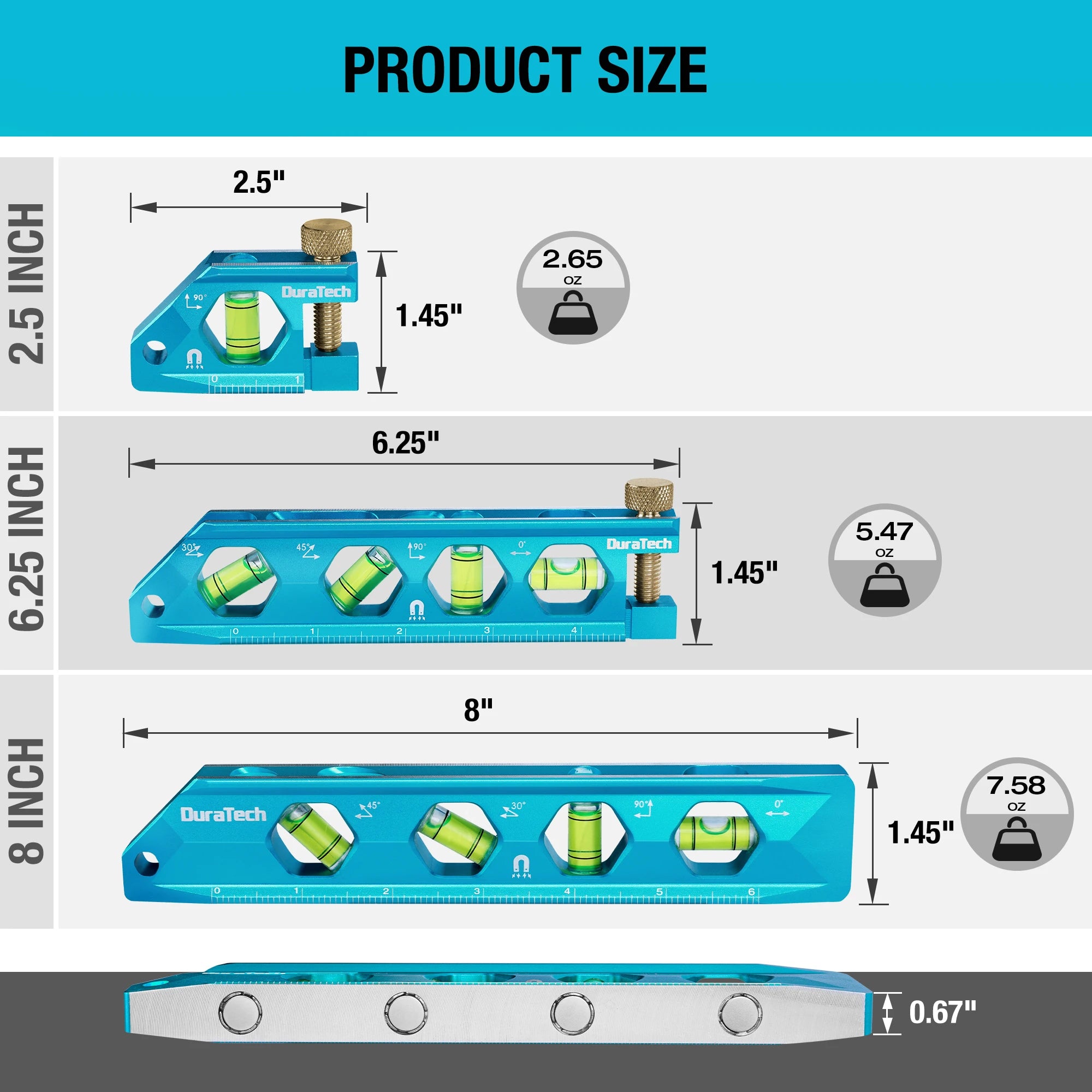 Level Tool Set, Magnetic Torpedo Level Included 2.5", 6.25", 8" Leveler with 0°/30°/45°/90° Bubbles