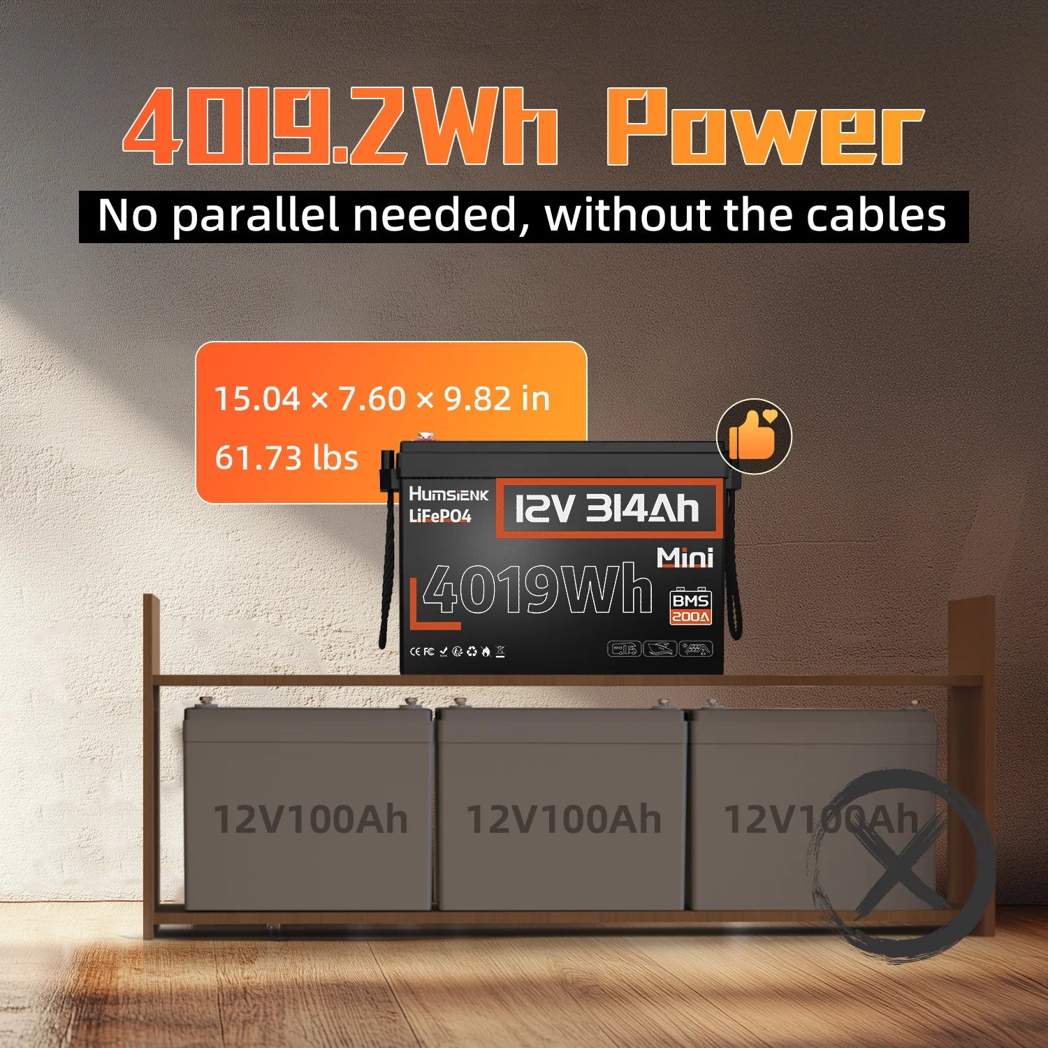 12V 314Ah LiFePO4 Lithium Battery 200A BMS 15000 Cycles Off-grid/RV/2-Year Warranty/UL 1973