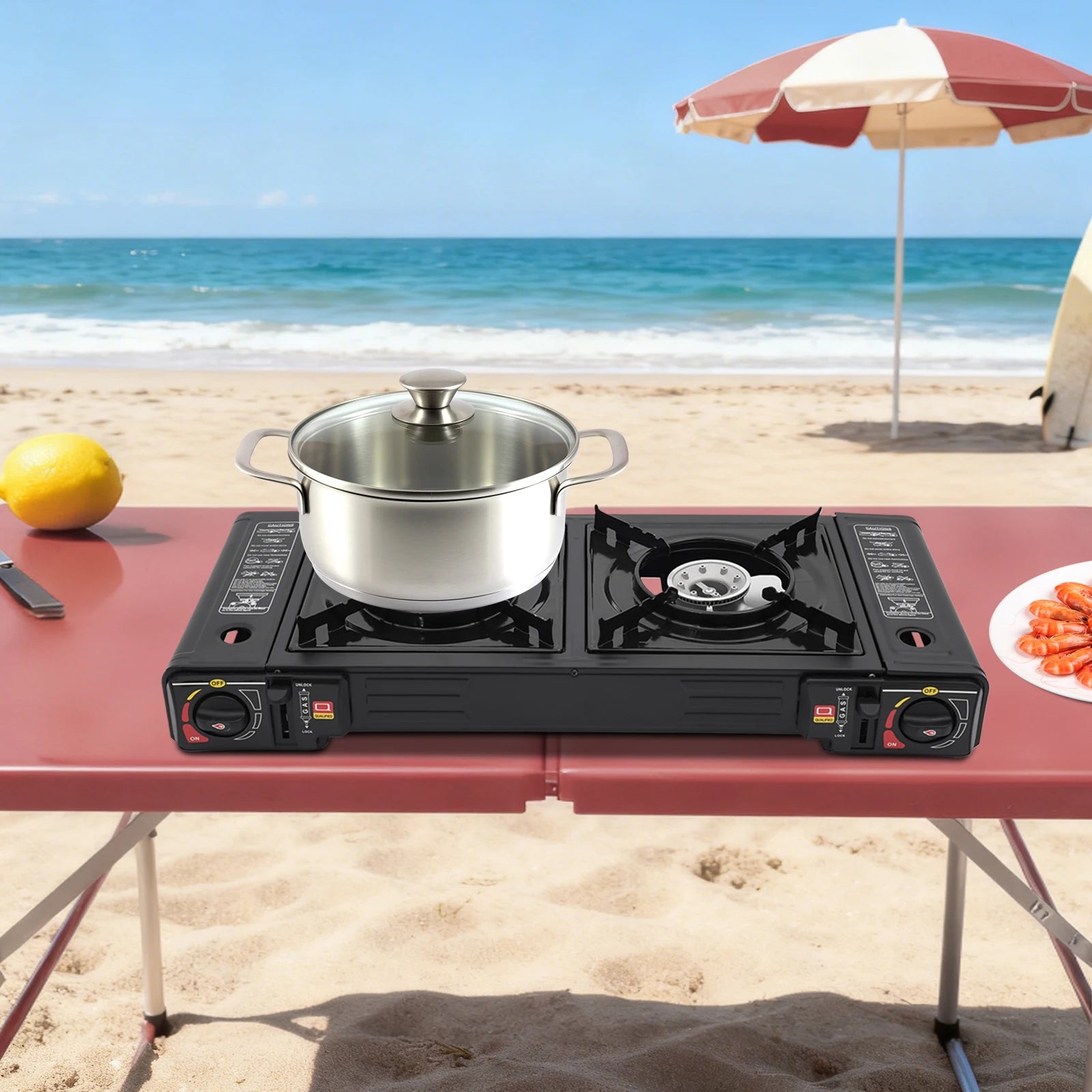 2 Burners Portable Camping Stove, 2.5KW Auto Ignition Butane/LPG Gas Stove w/Baking Tray