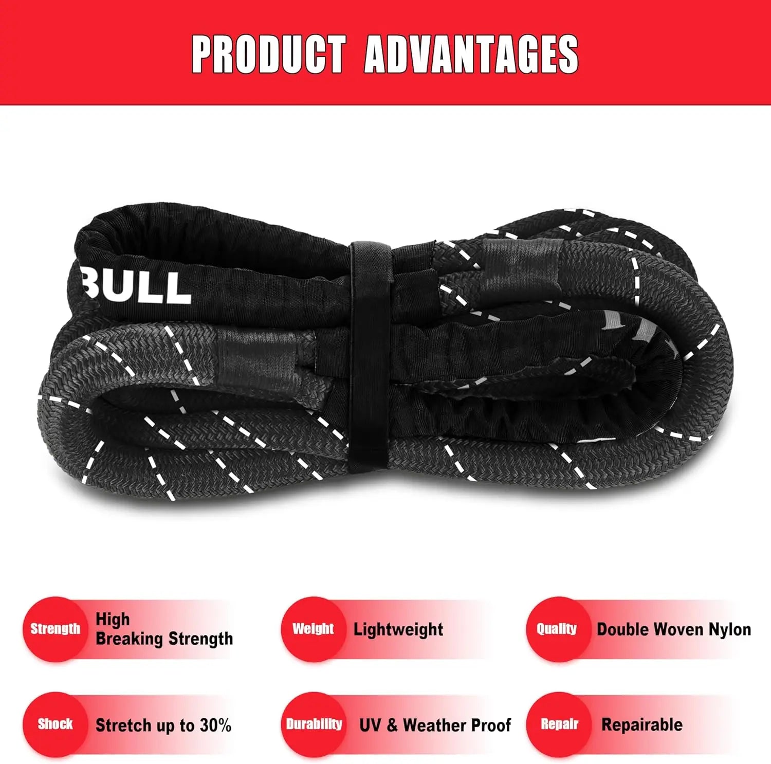 Heavy Duty 1in x 30ft Kinetic Recovery Rope, 48000lbs Snatch Strap with Soft Shackles