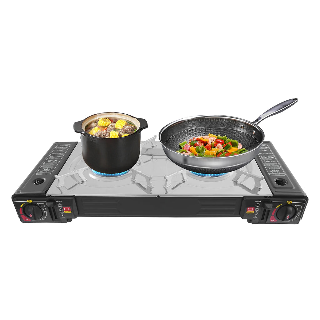 2-Burner Camping Gas Stove with Grill Pan BBQ Grills Butane Regulator