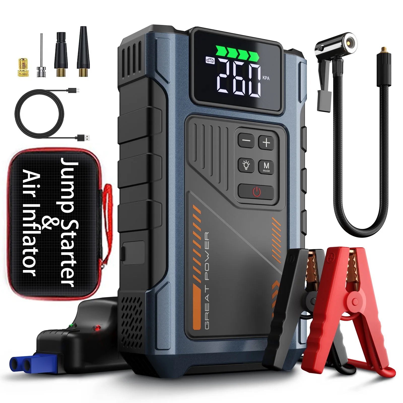 Portable Car Jump Starter With Air Compressor, 3000A Peak(7.5L Gas, 6.5L Diesel)