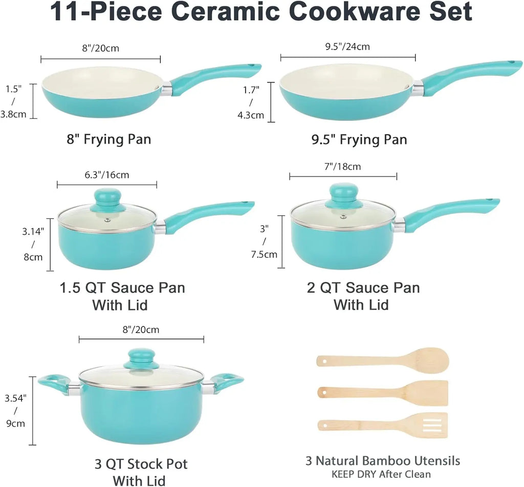 11-Piece Nonstick Ceramic Cookware Set with Bamboo Utensils, Induction Compatible,