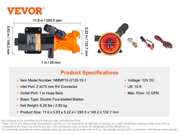 RV Portable Macerator Pump 12V 12GMP Detachable Quick Connection Valve Metal Hose Clamp Power Cord