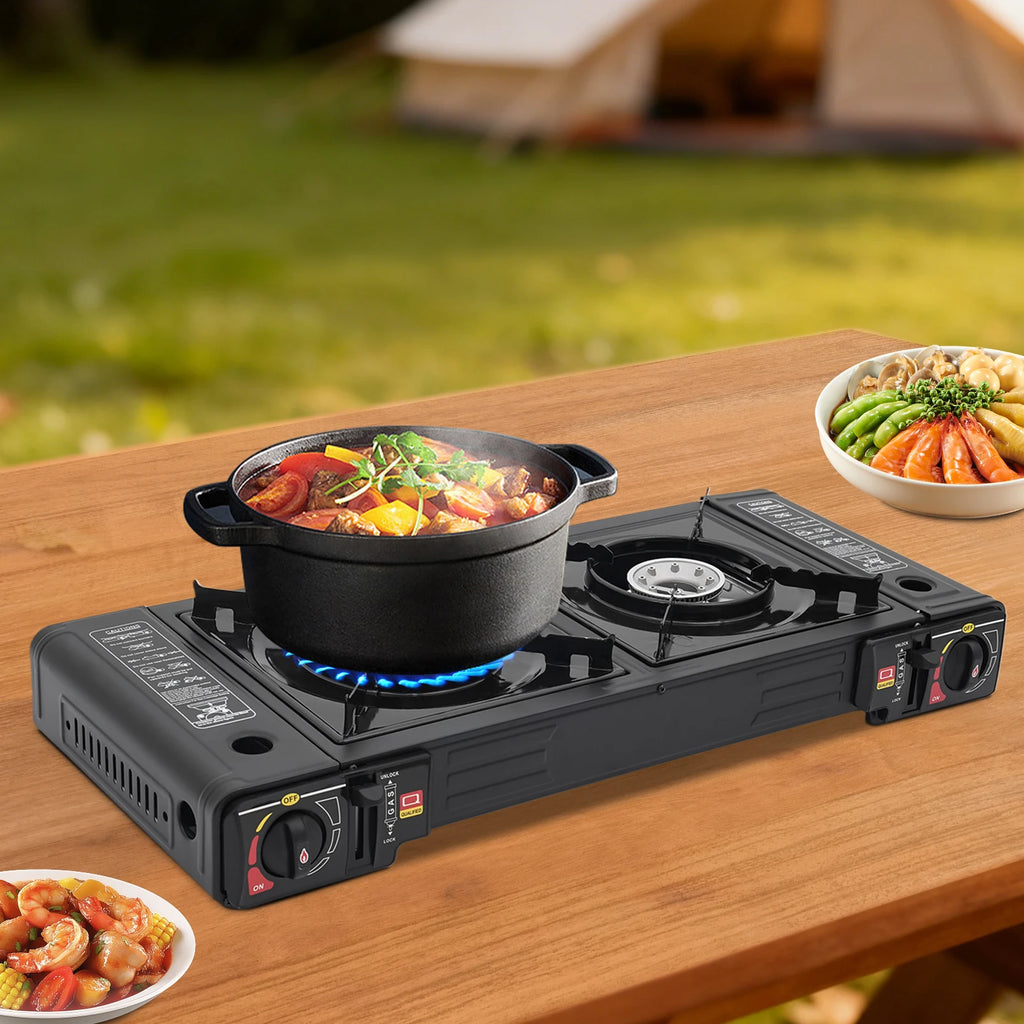 2 Burners Portable Camping Stove, 2.5KW Auto Ignition Butane/LPG Gas Stove w/Baking Tray