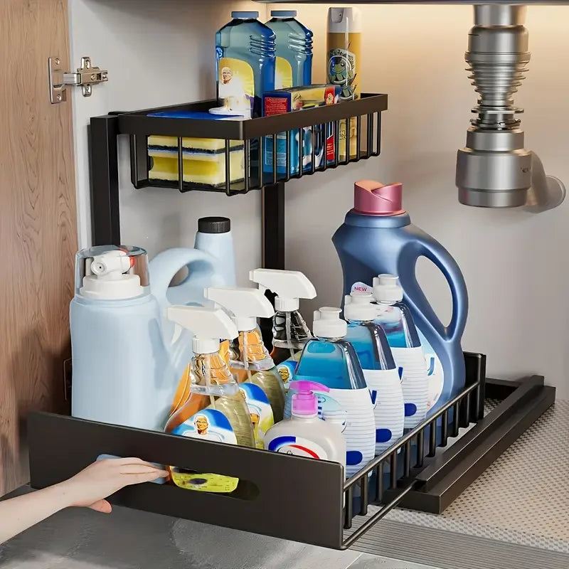 2 Tier Slide Out Sink Shelf Cabinet Storage Shelves
