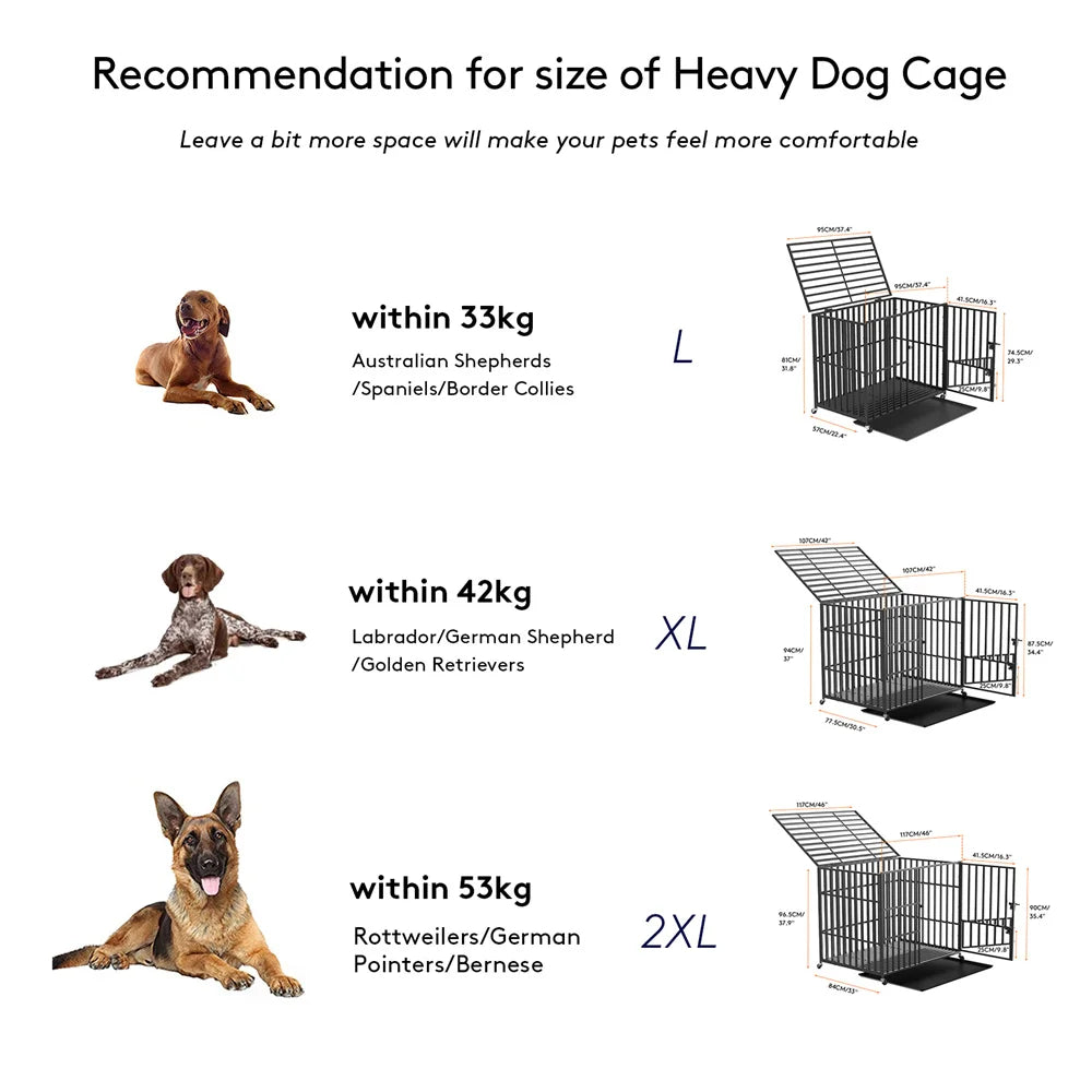 XXL Large Heavy Duty Dog Crate Strong Pet Cage Tear Resistant Square Tube Metal Kennel Playpen with Lockable Wheels and Tray