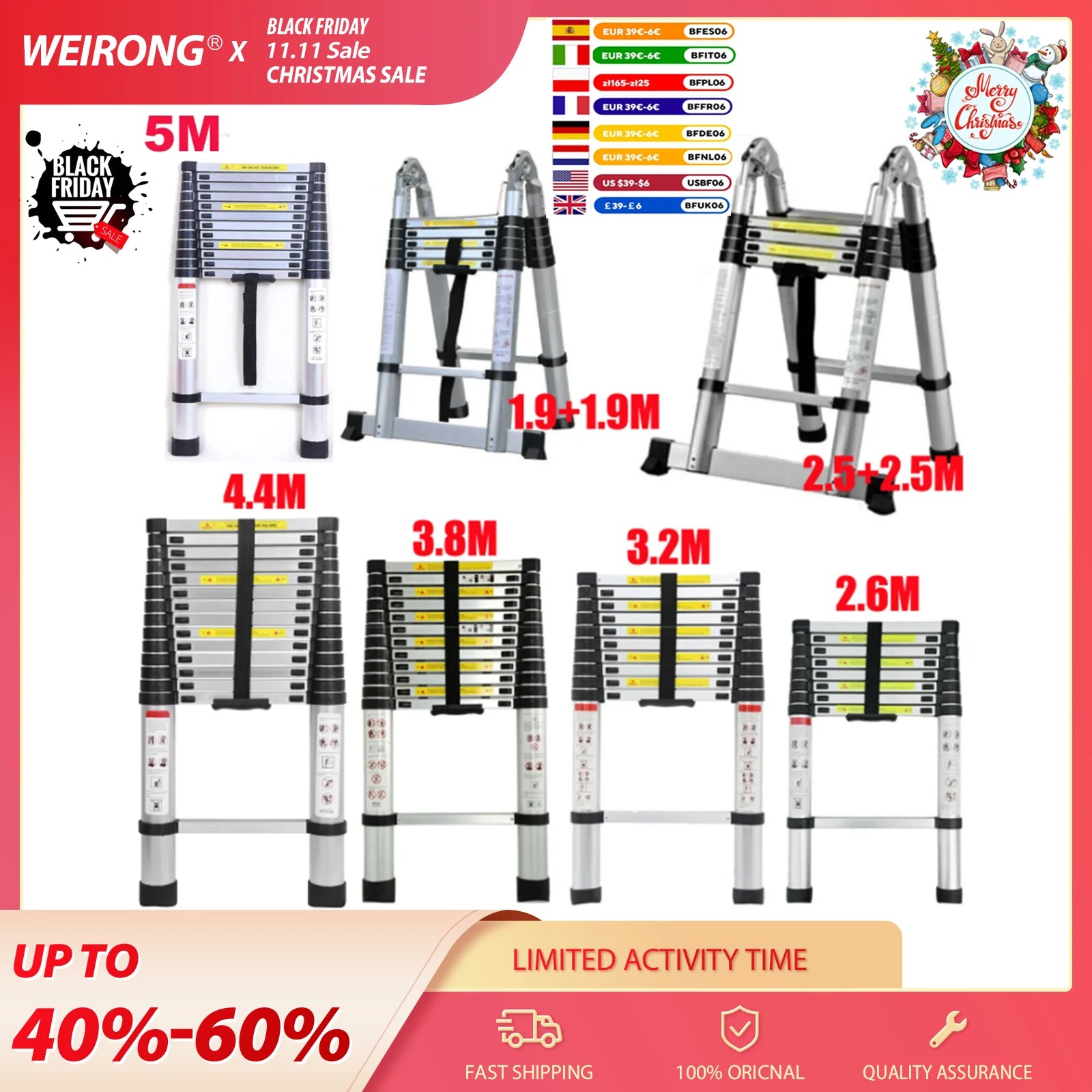 2.6M-5M Sturdy Aluminum Telescoping Extension Ladder 330lb Max Load