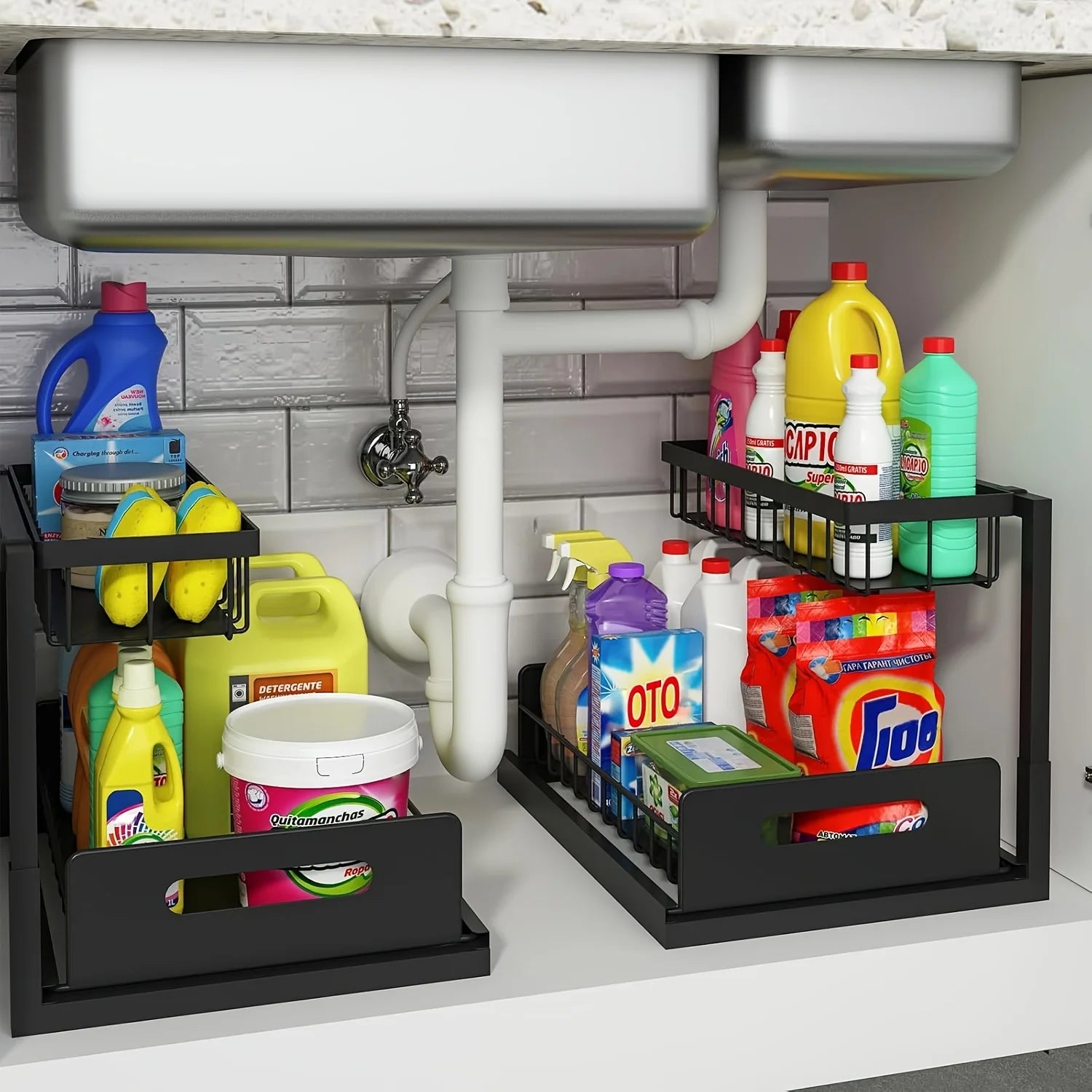 2 Tier Slide Out Sink Shelf Cabinet Storage Shelves