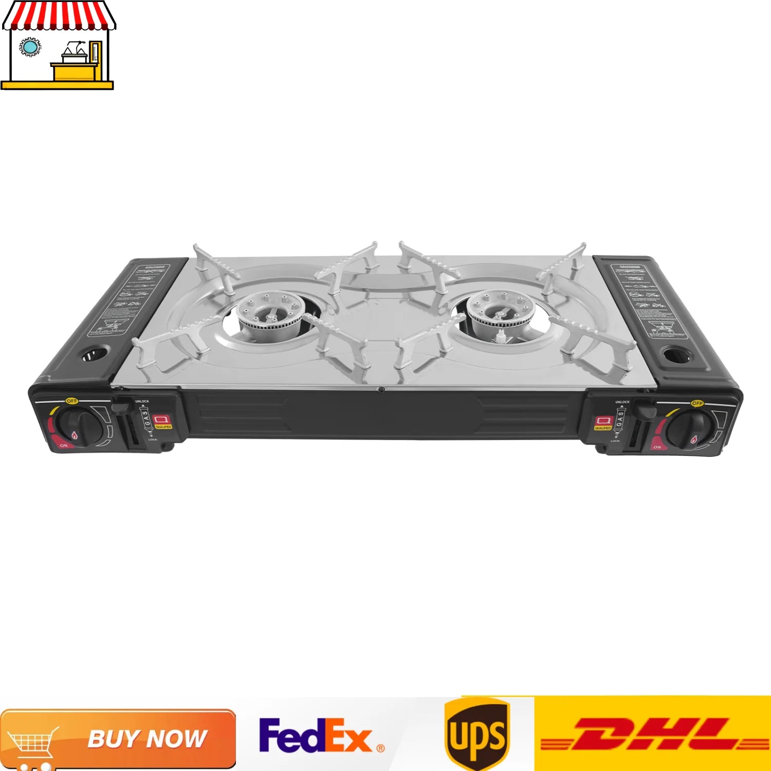 2-Burner Camping Gas Stove with Grill Pan BBQ Grills Butane Regulator