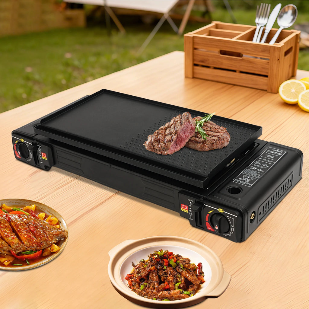 2 Burners Portable Camping Stove, 2.5KW Auto Ignition Butane/LPG Gas Stove w/Baking Tray