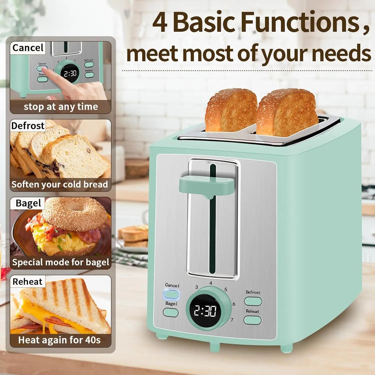 2 Slice Bread Toaster with LCD Display, 7 Shade Settings,