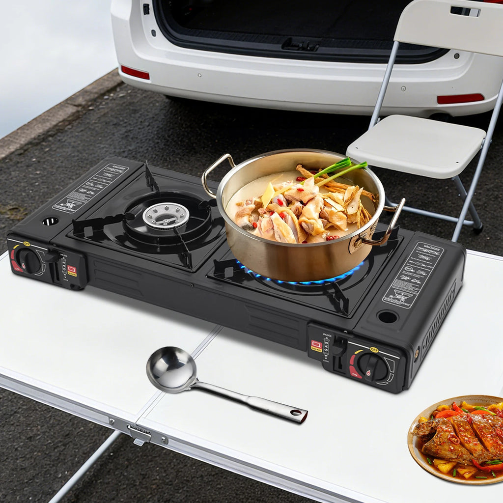 2 Burners Portable Camping Stove, 2.5KW Auto Ignition Butane/LPG Gas Stove w/Baking Tray