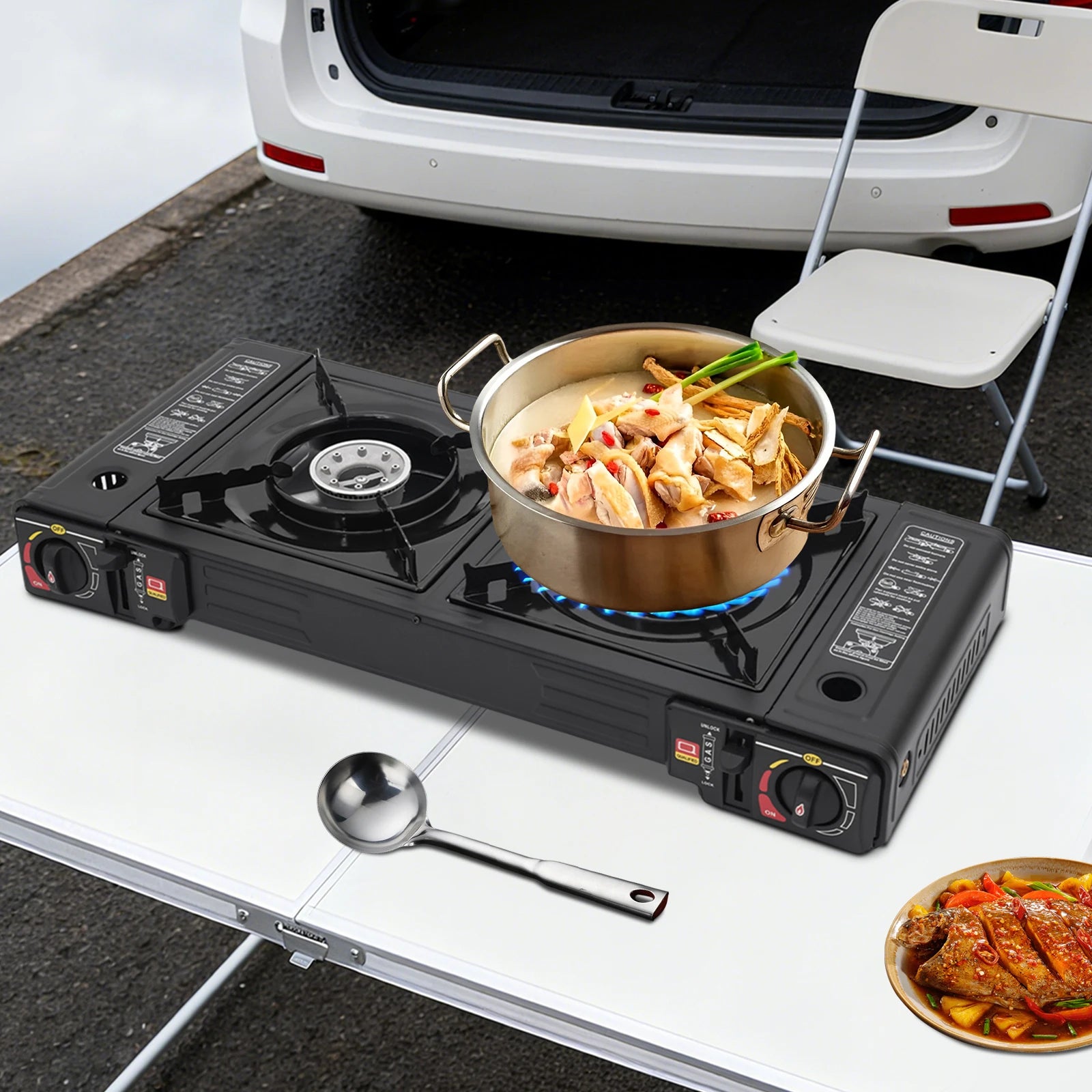 2 Burners Portable Camping Stove, 2.5KW Auto Ignition Butane/LPG Gas Stove w/Baking Tray