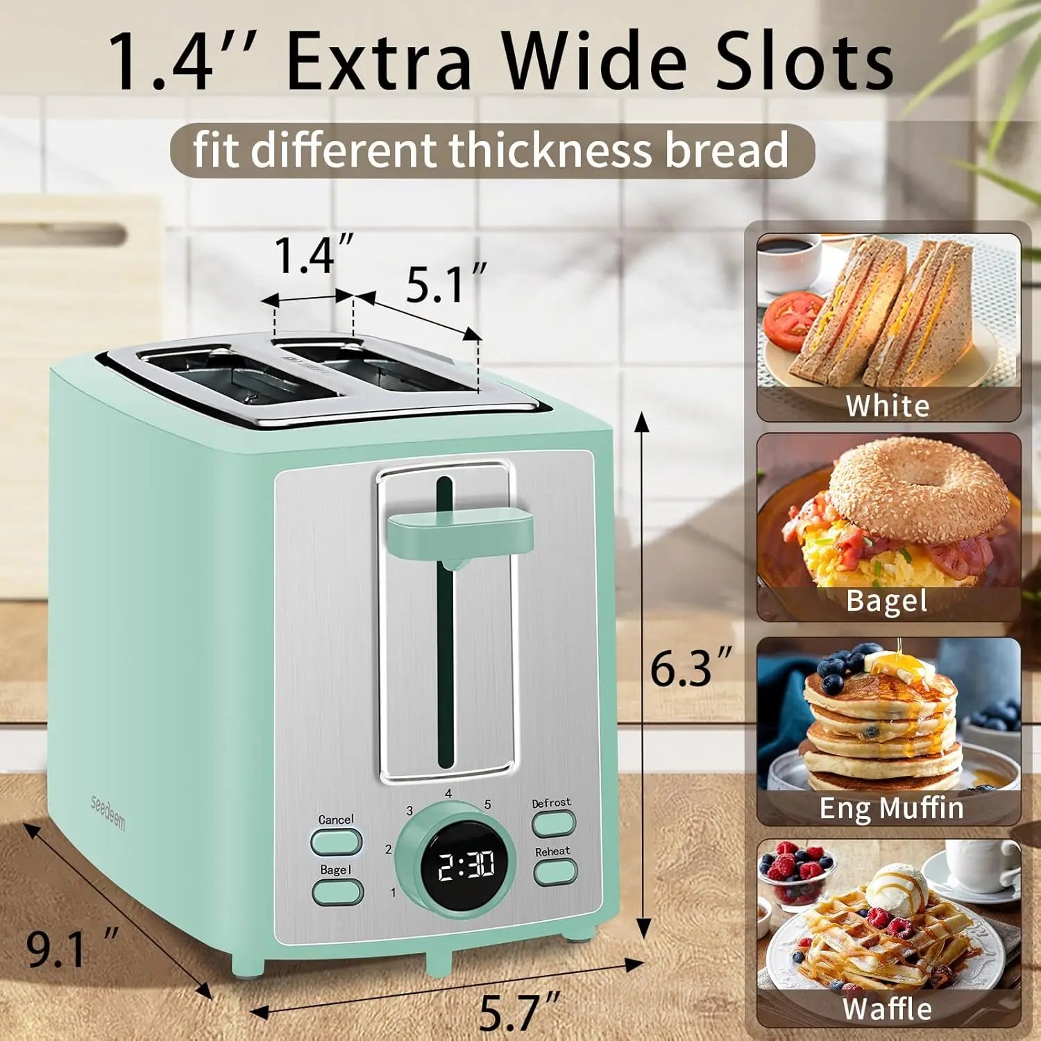 2 Slice Bread Toaster with LCD Display, 7 Shade Settings,