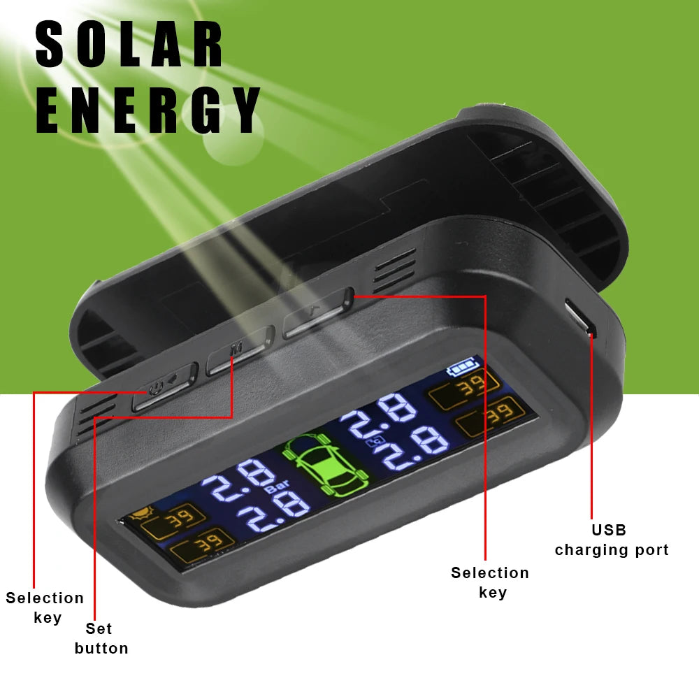 Tire Pressure Monitoring System Temperature Warning Fuel Save Solar With 4 External Sensors