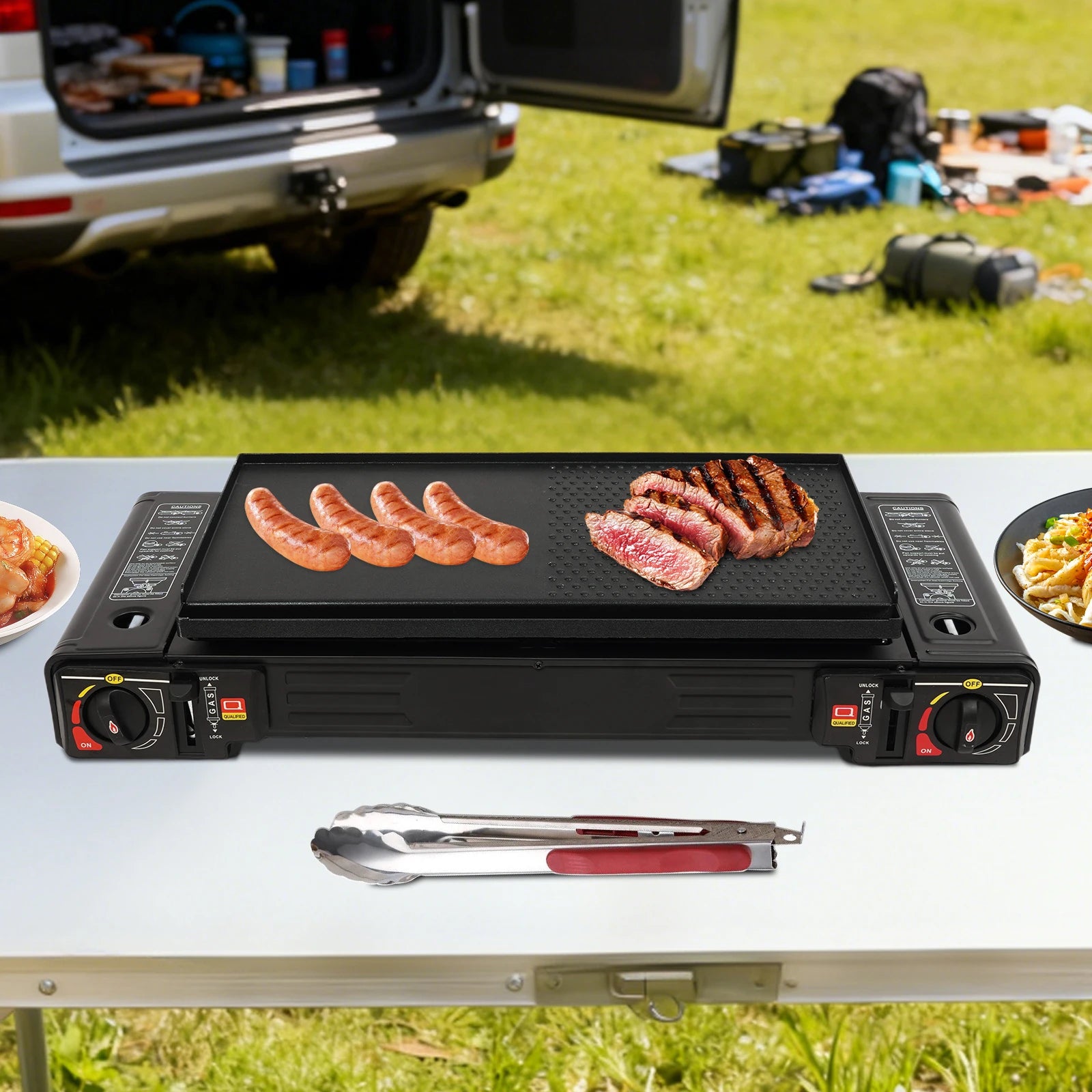 2 Burners Portable Camping Stove, 2.5KW Auto Ignition Butane/LPG Gas Stove w/Baking Tray