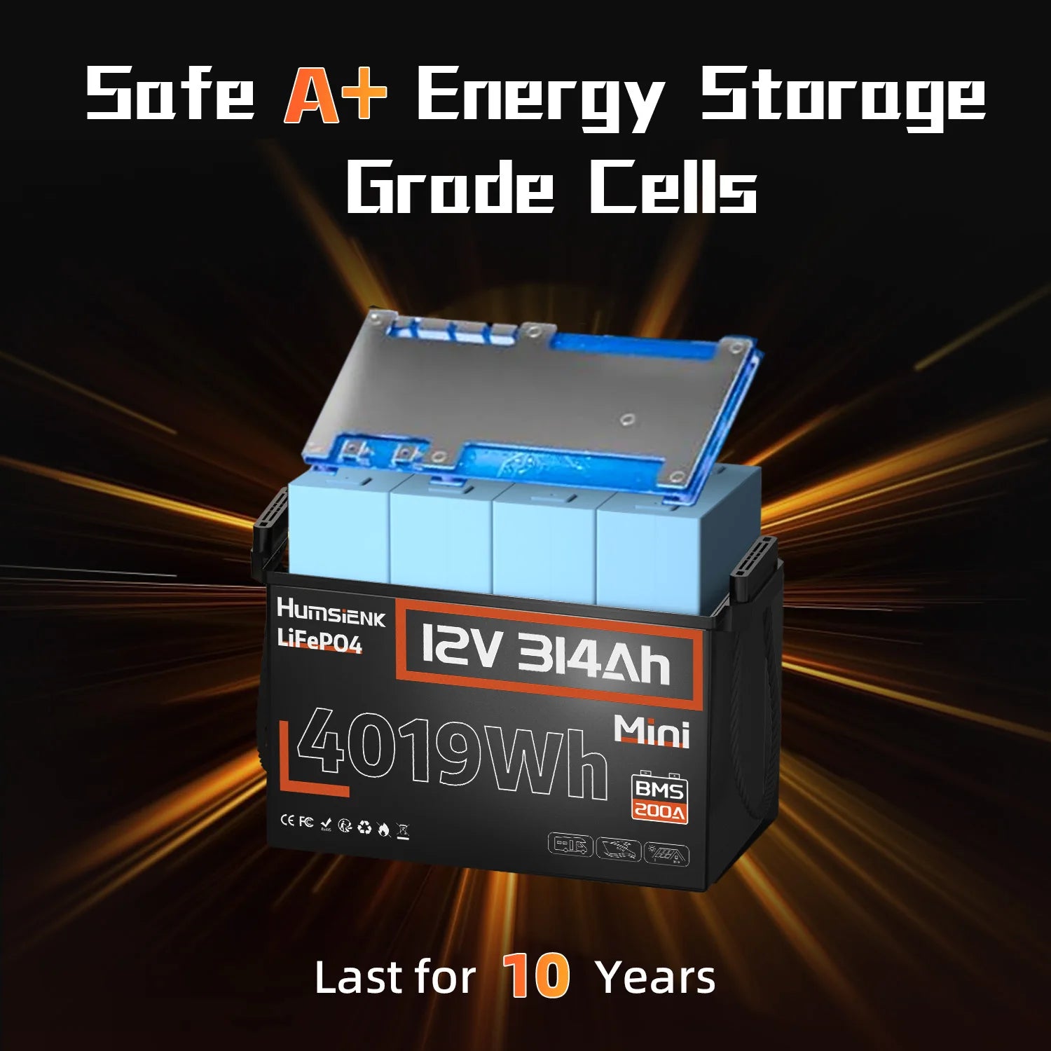 12V 314Ah LiFePO4 Lithium Battery 200A BMS 15000 Cycles Off-grid/RV/2-Year Warranty/UL 1973