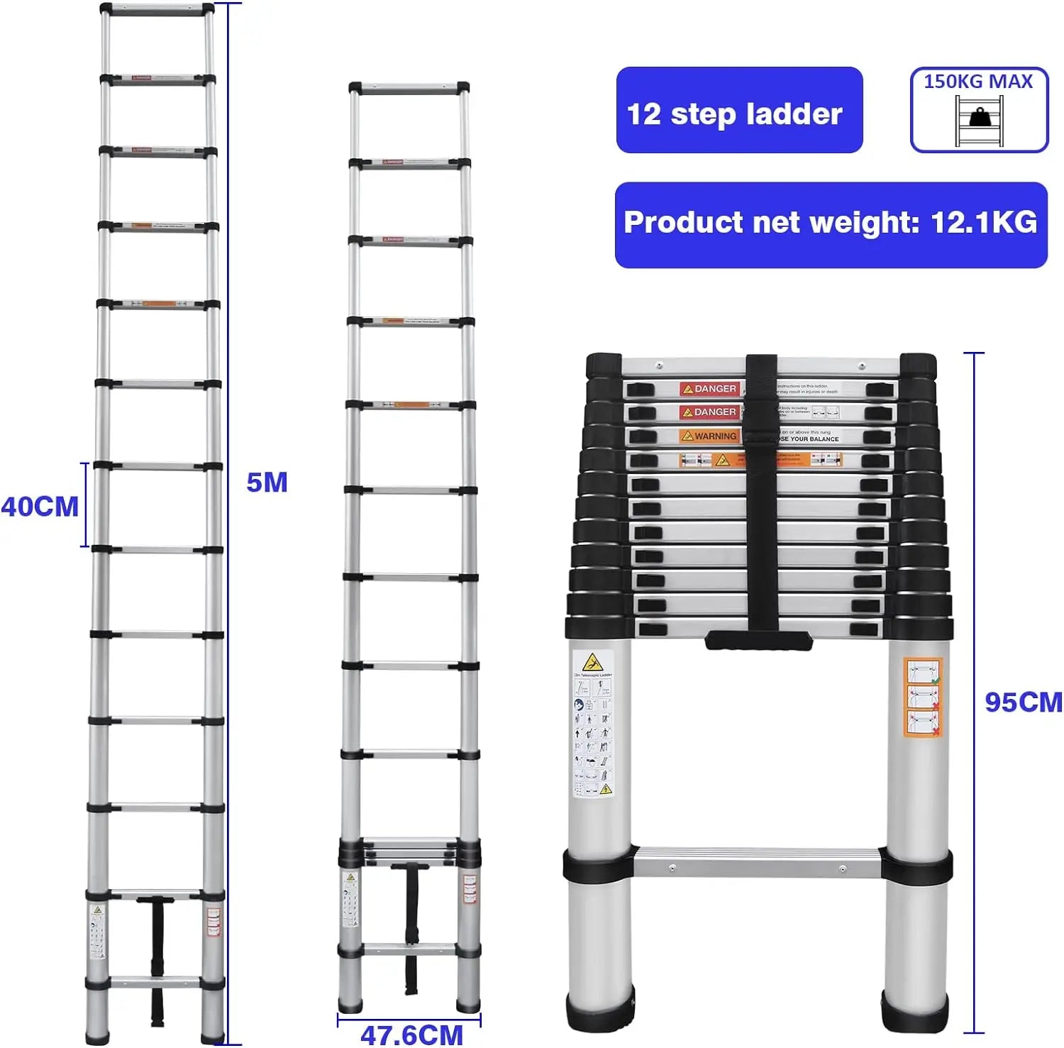 2.6M-5M Sturdy Aluminum Telescoping Extension Ladder 330lb Max Load